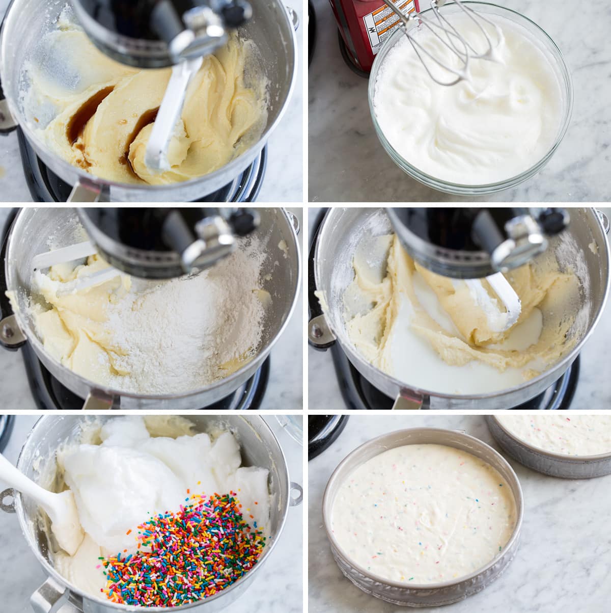 Birthday Cake - the perfect funfetti sprinkled cake! It's perfectly soft and fluffy and amazingly delicious! My kids absolute favorite cake! #cake #birthdaycake #dessert #birthday Showing more steps to make the best birthday cake including adding vanilla, whipping egg whites, adding flour mixture, milk mixture, egg whites and sprinkles to batter.
