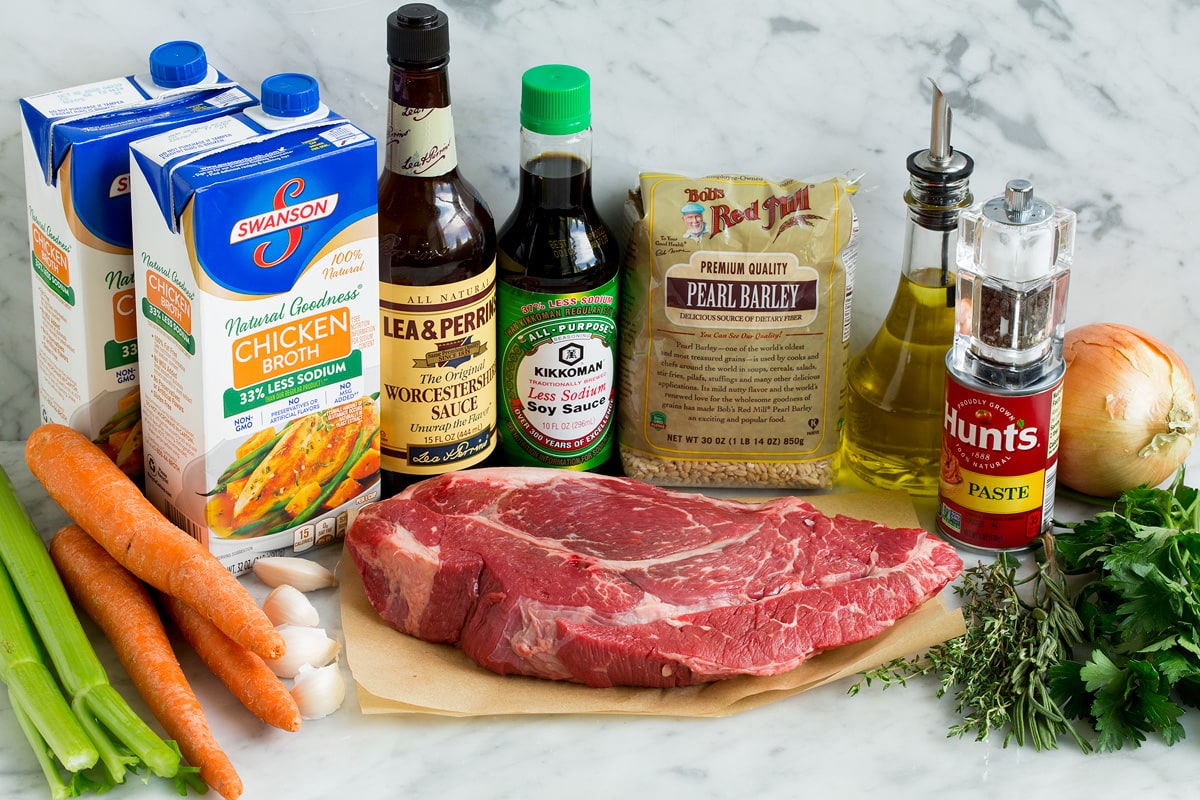 Beef and Barley Soup Ingredients that are used to make beef and barley soup.