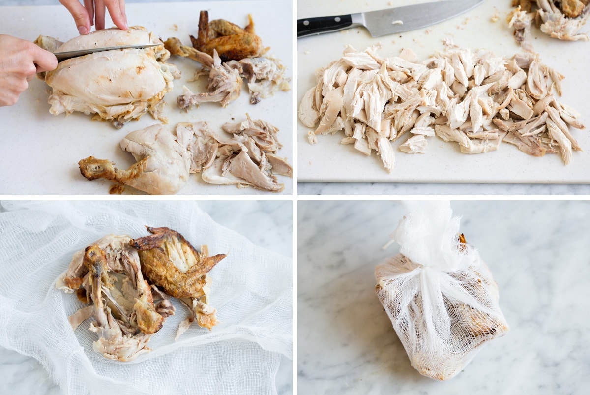 The BEST Quick and Easy Chicken Noodle Soup! This has been my go-to recipe for years. So easy and everyone always loves it! #chickennoodle #soup #dinner #chicken Cutting rotisserie chicken, shredding chicken into pieces, adding chicken bones to cheesecloth to simmer in soup.