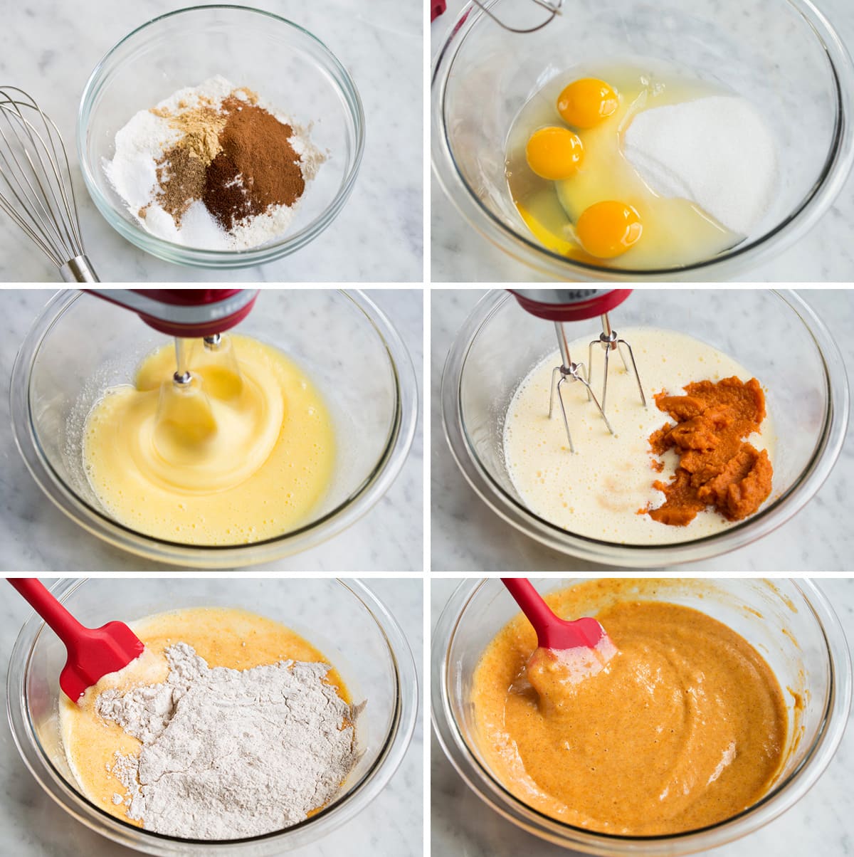 Pumpkin Roll Showing steps of how to make a pumpkin roll. Mixing ingredients in a glass mixing bowl with an electric mixer and spatula.