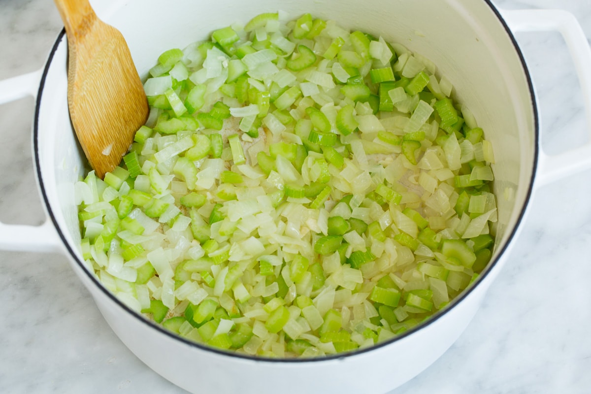 Split pea soup Showing how to make split pea soup. Sauteing celery and onion in pot.