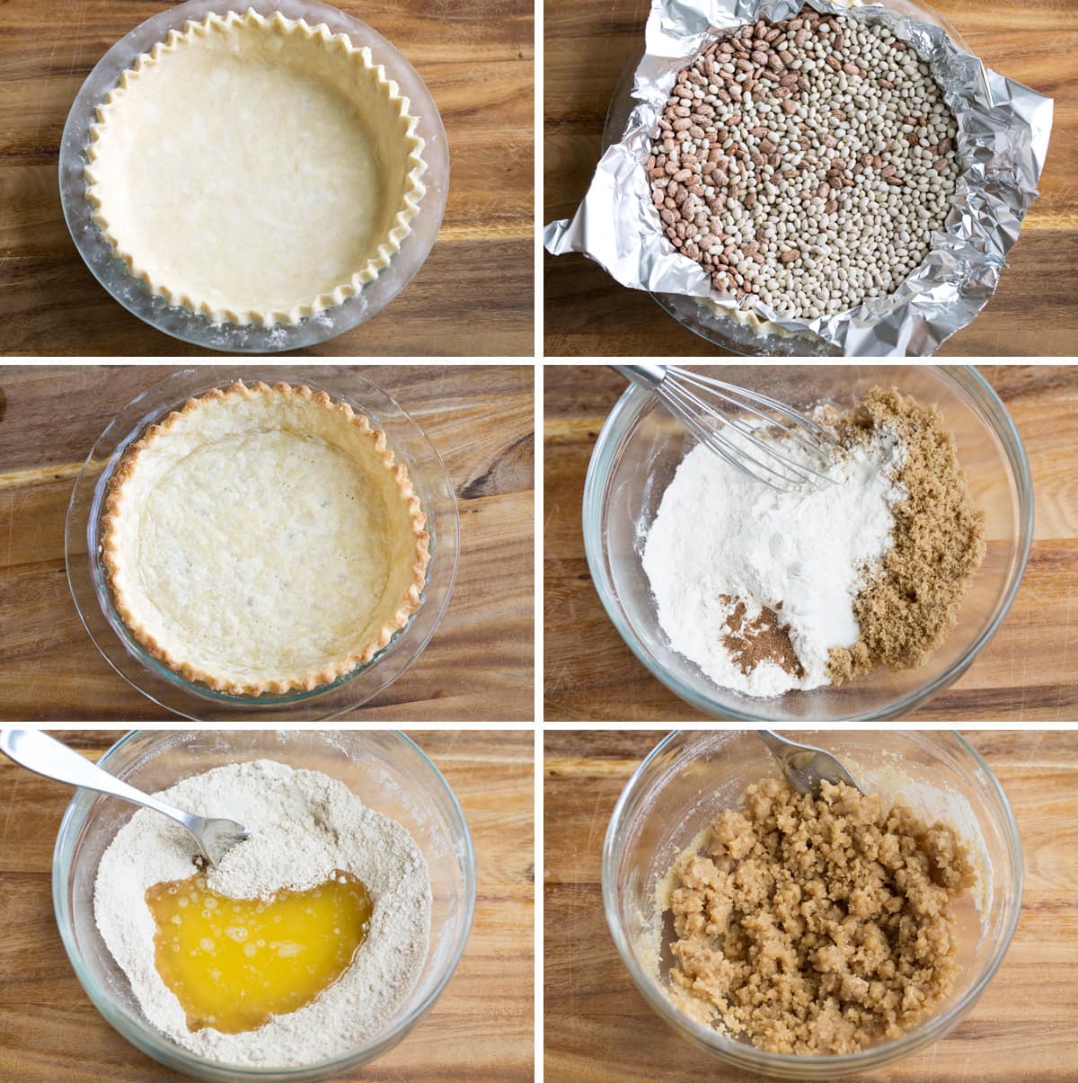 Dutch Apple Pie - my favorite pie! Made with flakey buttery pie crust, sweet, spiced apple filling and a delicious crumb topping. #applepie #pie #dutchapple #thanksgiving #dessert Showing steps to make a dutch apple pie including how to blind bake the crust, and make the crumb topping.