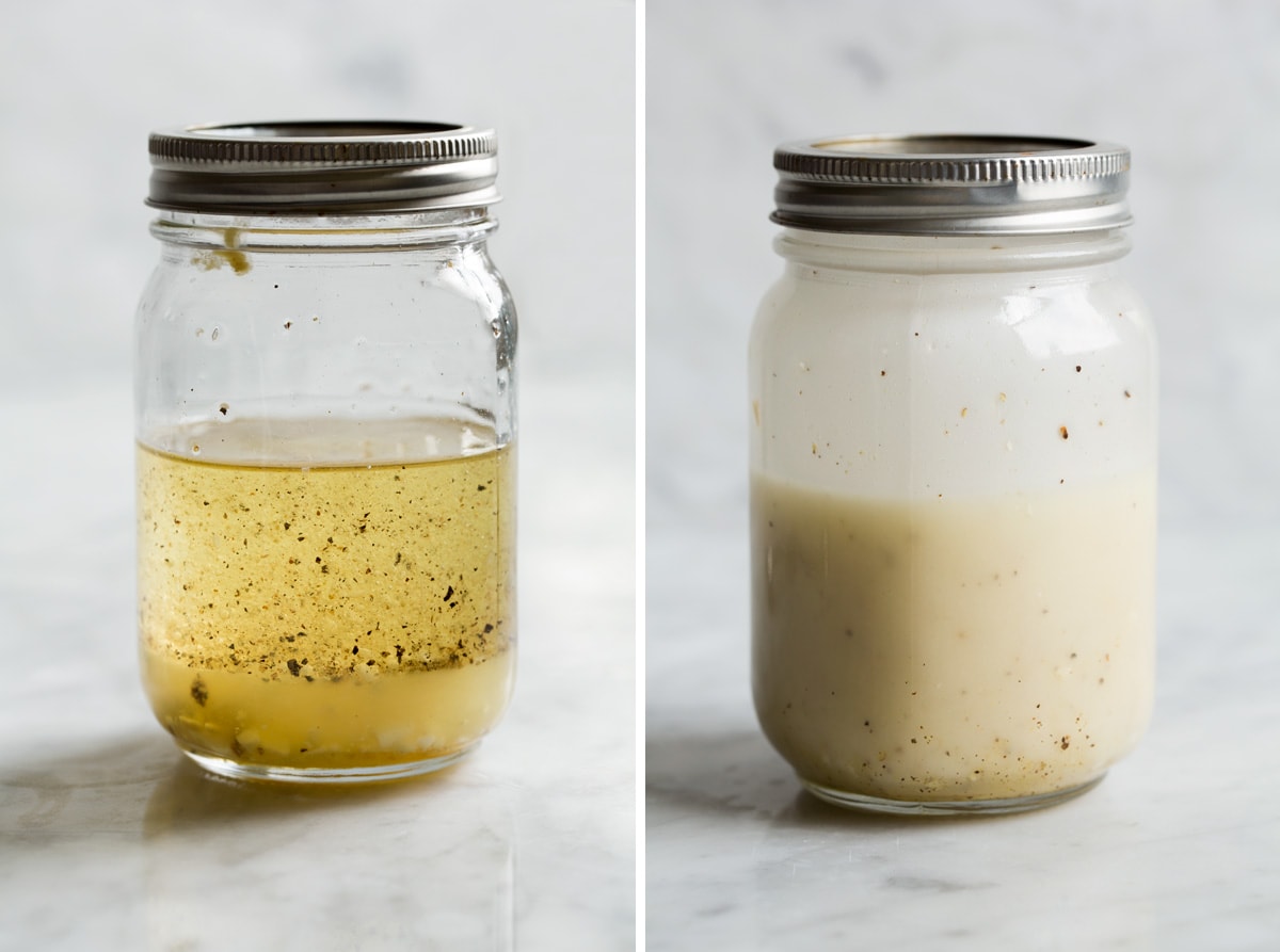 The BEST Salad Recipe {Salad de Maison} Lemon vinaigrette dressing in a glass jar shown before and after mixing.