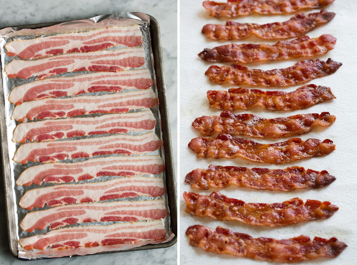 The BEST Salad Recipe {Salad de Maison} Strips of bacon on a foil lined baking sheet shown on the left then on the right bacon strips are cooked and sitting on a paper towel to drain.