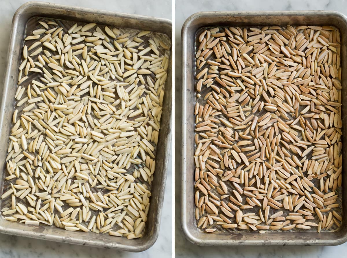 The BEST Salad Recipe {Salad de Maison} Slivered almonds on a small baking sheet shown before and after toasting.