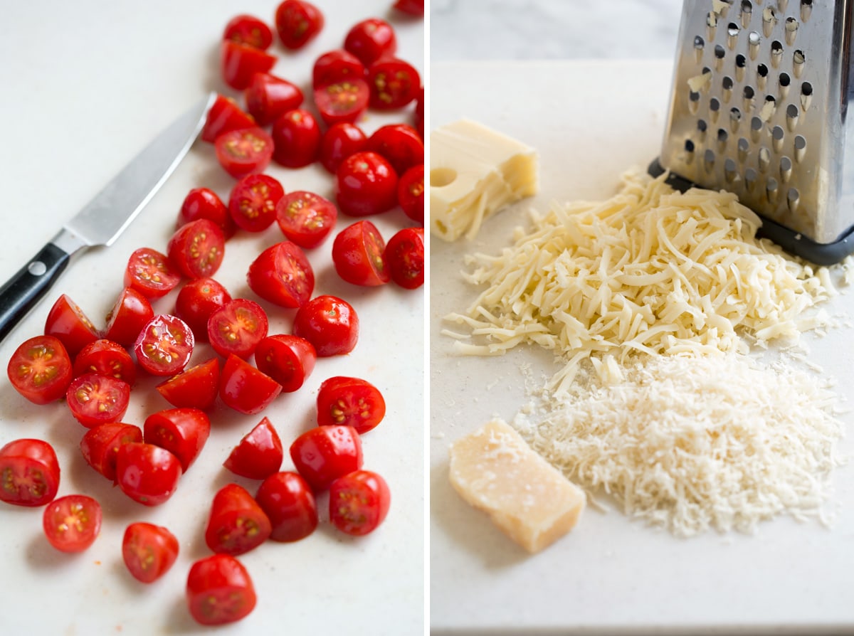 The BEST Salad Recipe {Salad de Maison} Chopping grape tomatoes in half on left side of image, second image on right shows shredding cheeses.