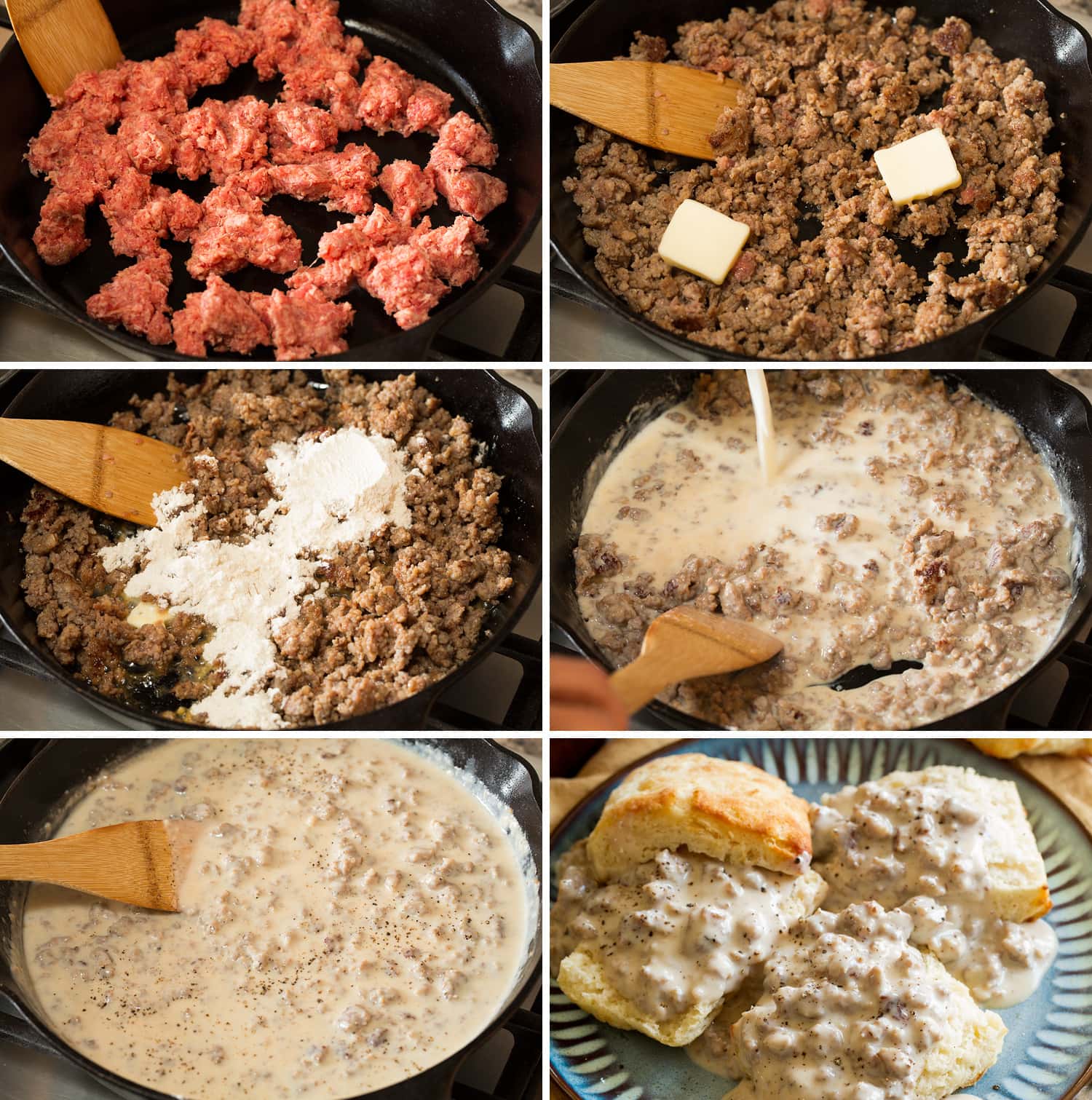 Biscuits and Sausage Gravy Six photos showing how to make sausage gravy.