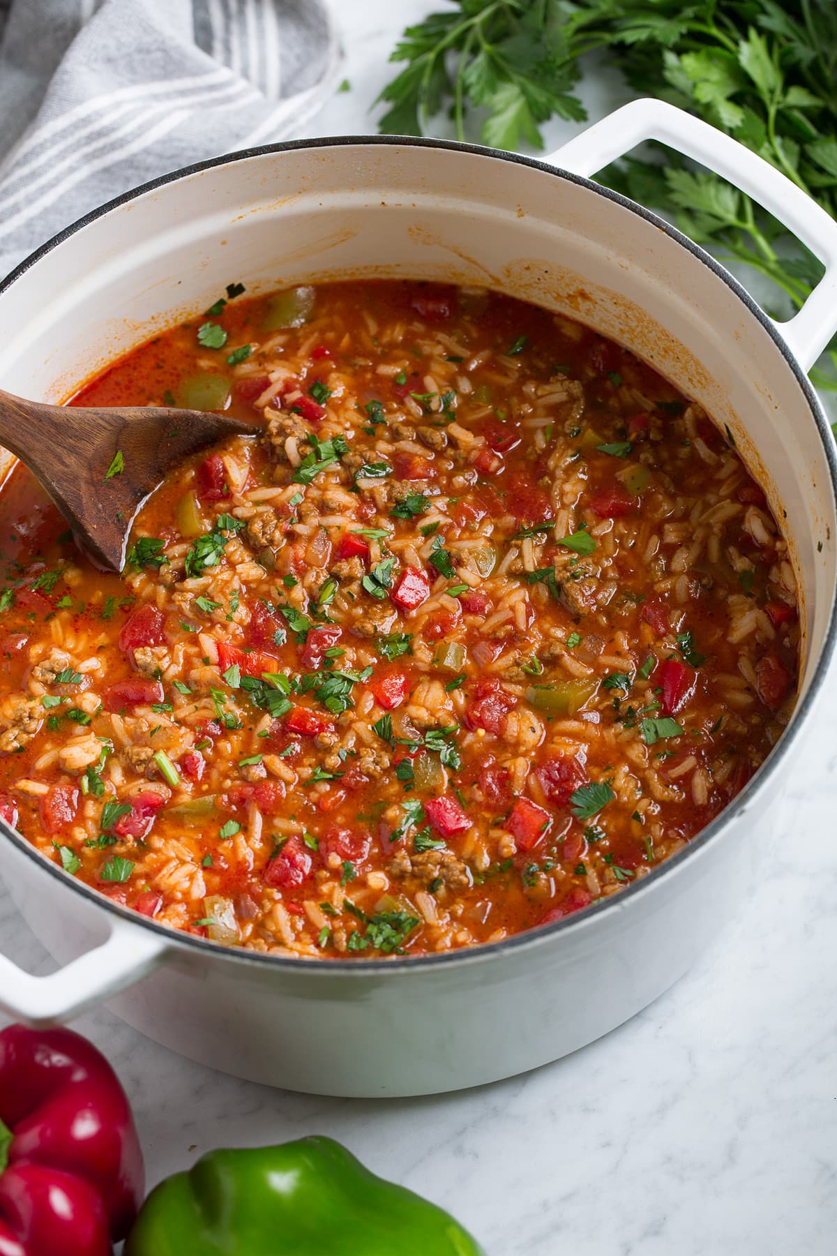 Stuffed Pepper Soup Pot full of stuffed bell pepper soup.