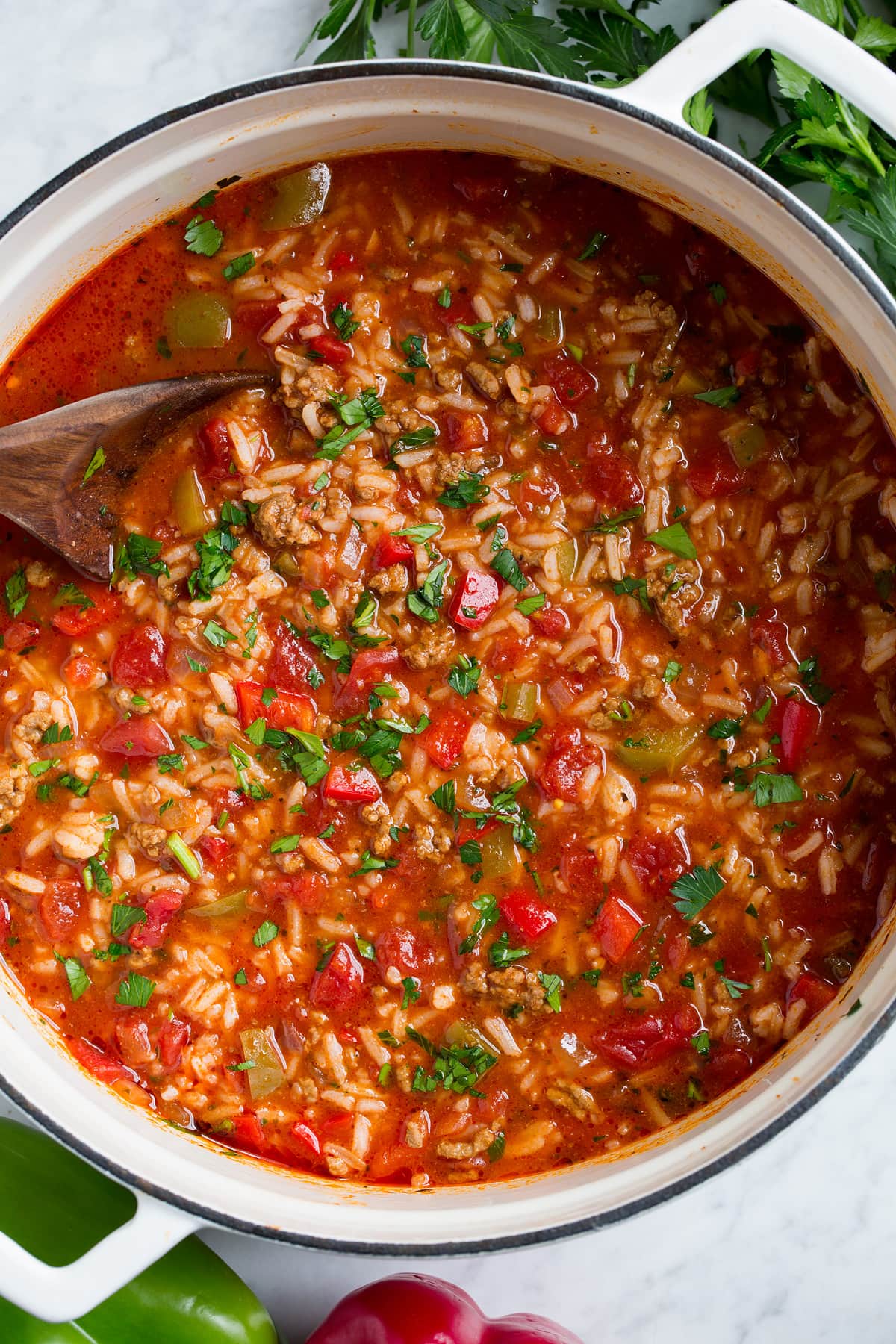 Stuffed Pepper Soup Overhead image of stuffed bell pepper soup in a large pot.