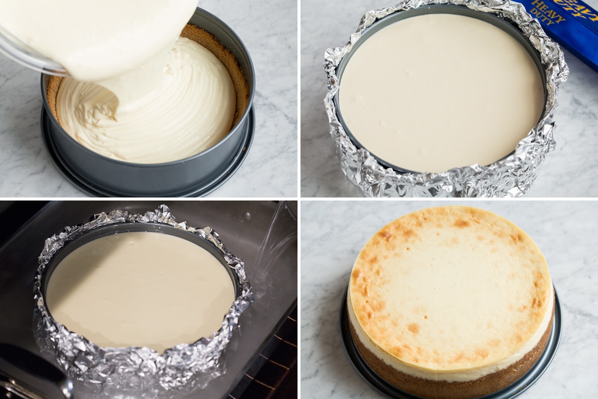 The BEST Cheesecake Recipe! Steps to preparing cheesecake for baking and shown after baking.