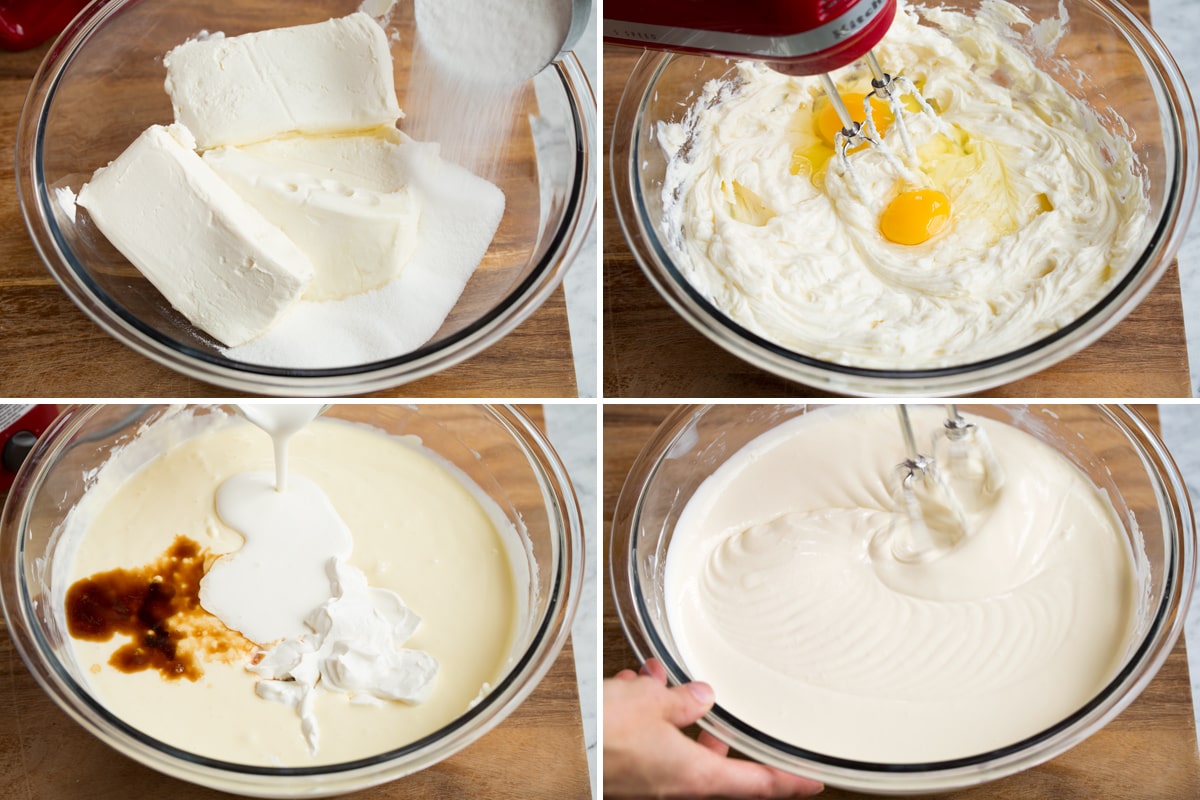 The BEST Cheesecake Recipe! Showing steps to making cheesecake filling.