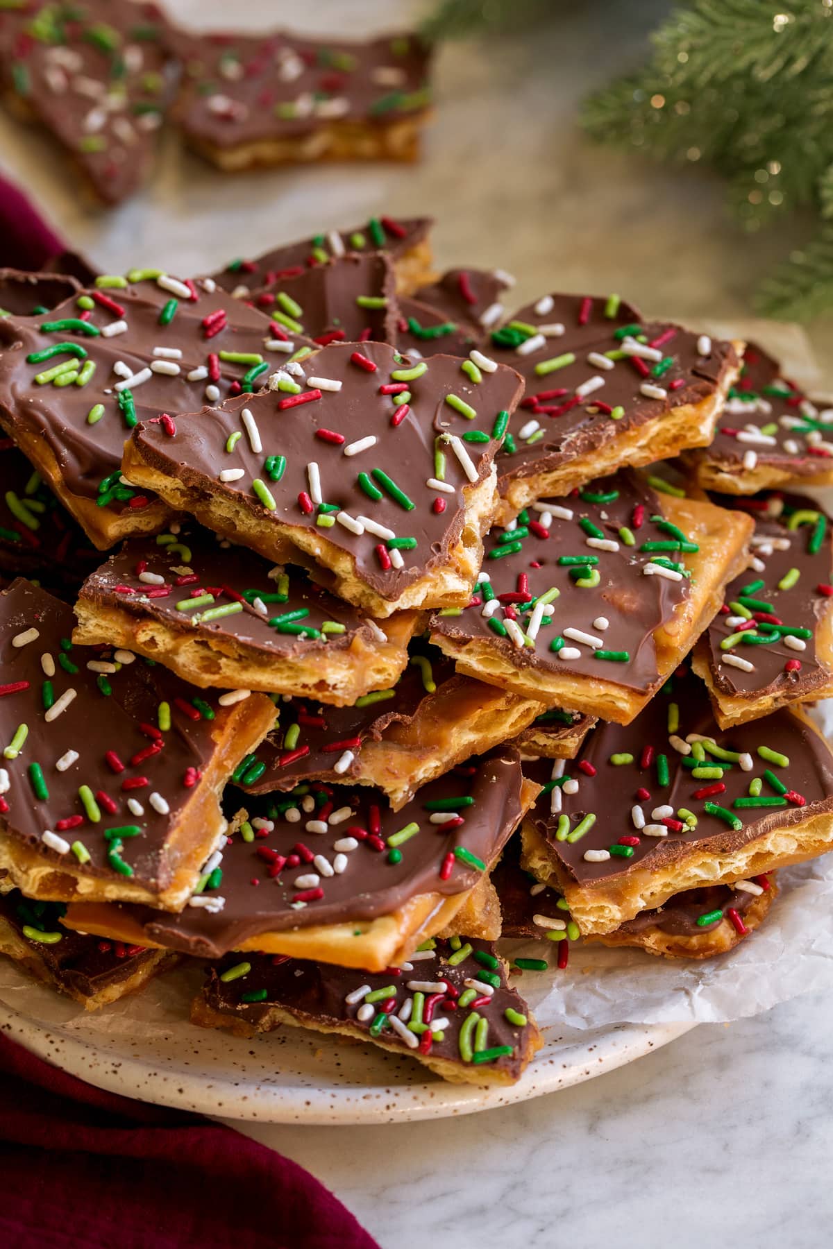 Christmas Crack Christmas Crack layered on a serving plate.