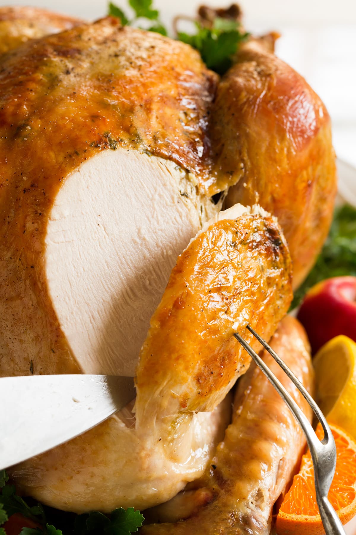 How to Cook a Juicy Turkey in an Oven Bag Slicing into a whole turkey.