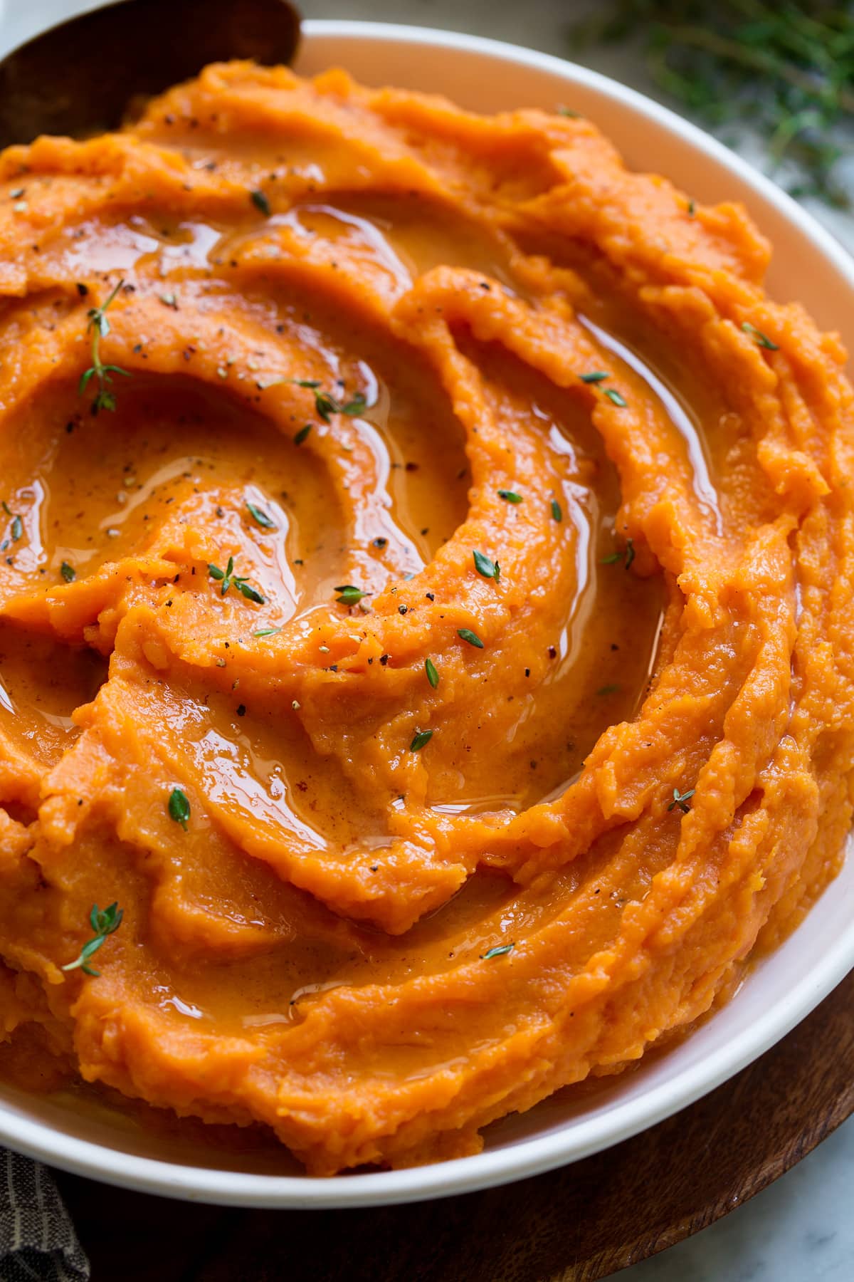BEST EVER MASHED SWEET POTATOES! Side view of mashed sweet potatoes.