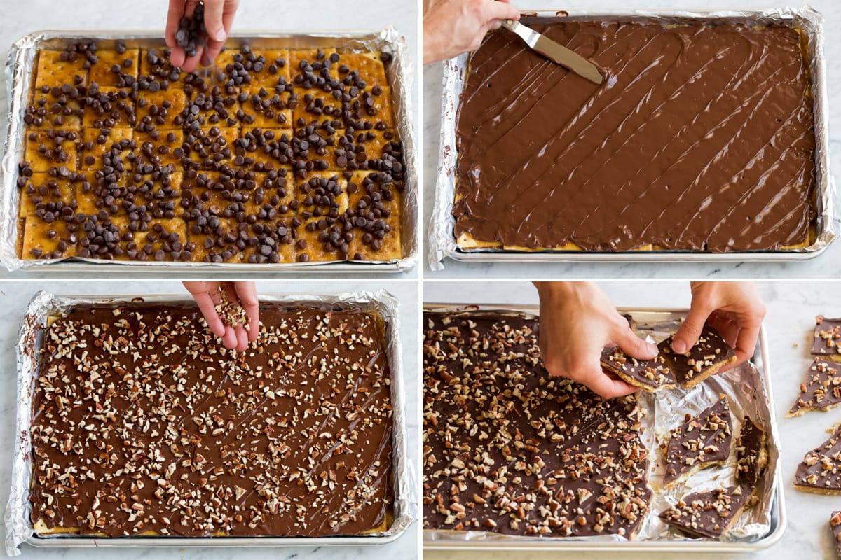 Christmas Crack Steps to finish Christmas crack with chocolate and pecans and breaking.