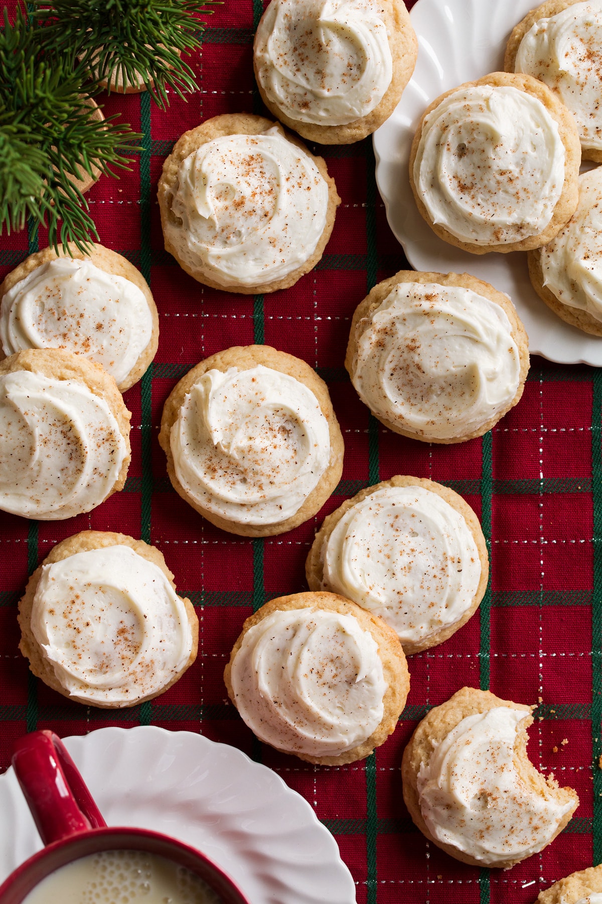 Eggnog Cookies Eggnog Cookies sitting on a Christmas plaid tablecloth.