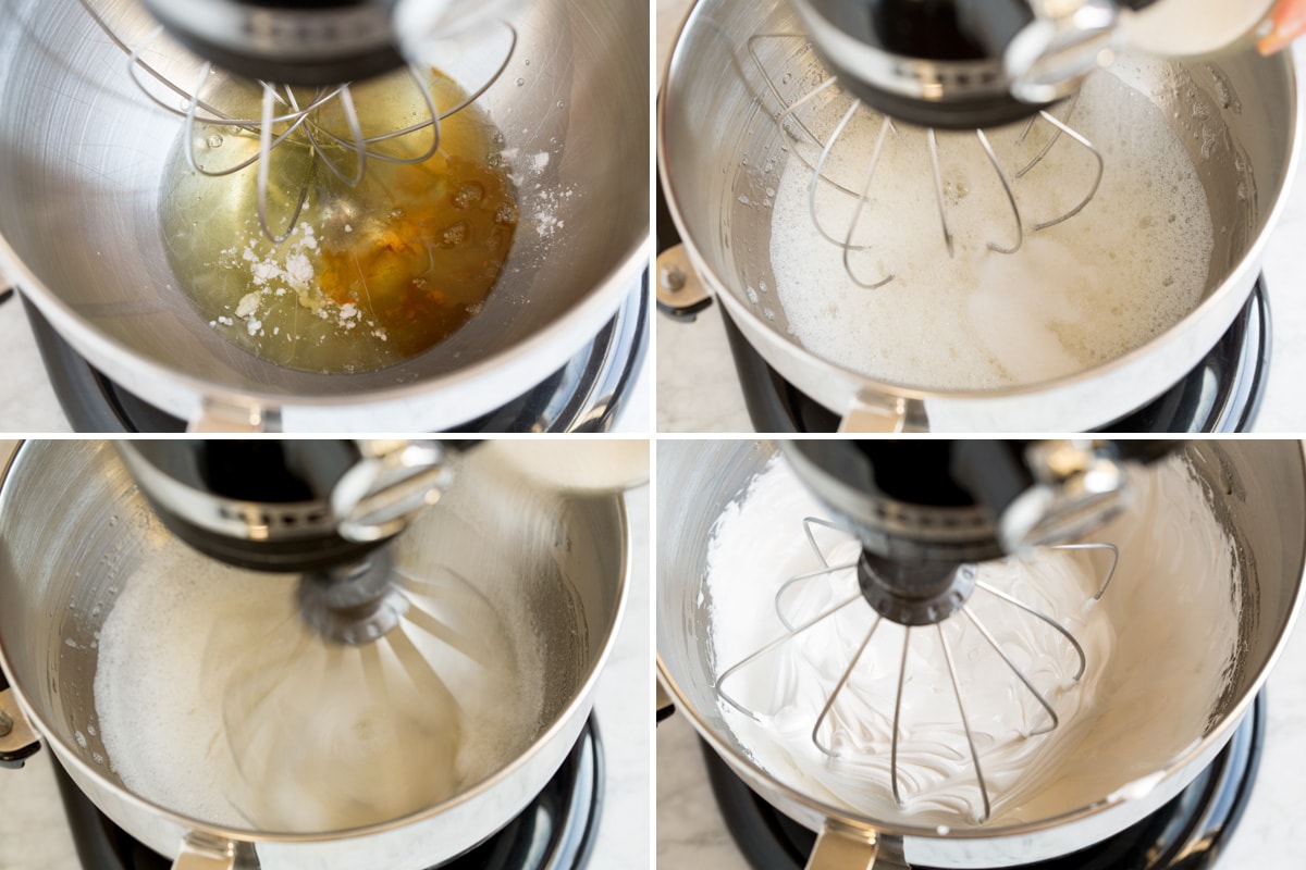 Meringue Cookies Photo showing steps of how to make meringue cookie mixture with egg whites, cream of tartar, vanilla, sugar and salt, mixing it in an electric mixer with a whisk attachment.