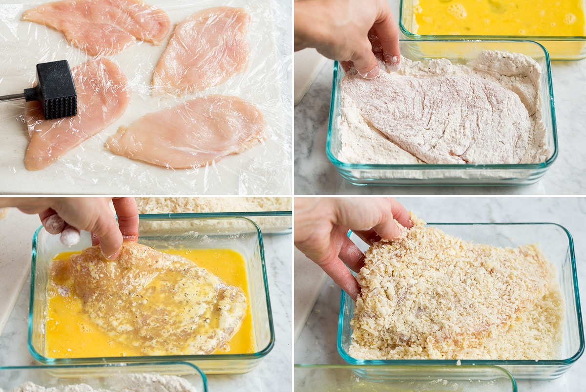 Parmesan Crusted Chicken Collage of four photos showing how to make parmesan crusted chicken. Includes pounding chicken thinner with a meat mallet, dredging in flour, coating in egg, then covering with parmesan panko mixture.