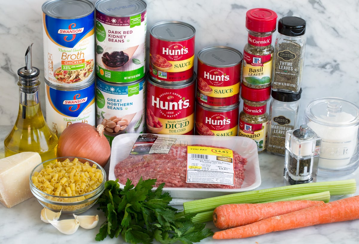 Pasta Fagioli Soup Image showing ingredients that go into pasta fagioli soup.