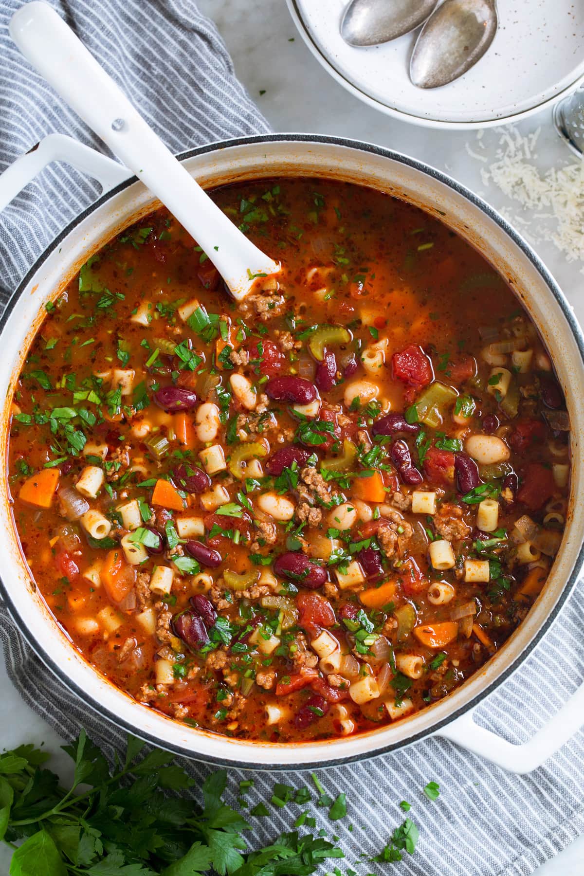 Pasta Fagioli Soup Overhead image of pasta fagioli soup in a pot.