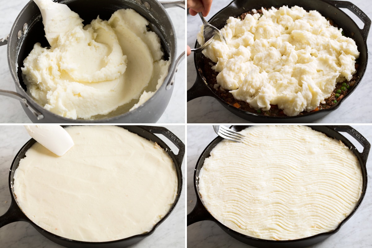 Shepherd's Pie Showing how to spread mashed potatoes over and decorate shepherd's pie topping with a fork.