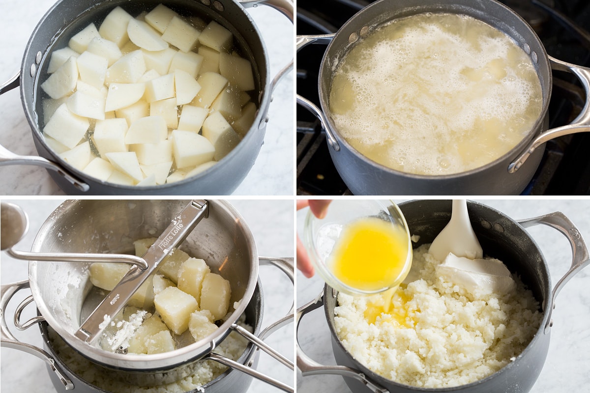 Shepherd's Pie Image of steps showing how to boil and prepare mashed potatoes.