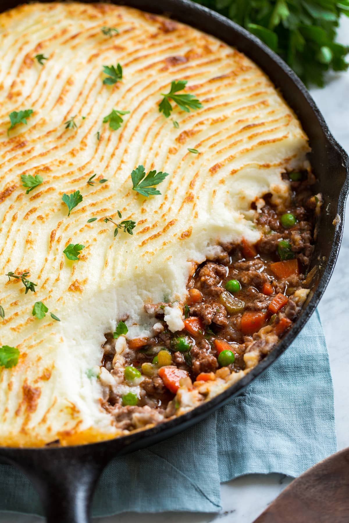 Shepherd's Pie Close up image of Shepard's Pie in a cast iron skillet.
