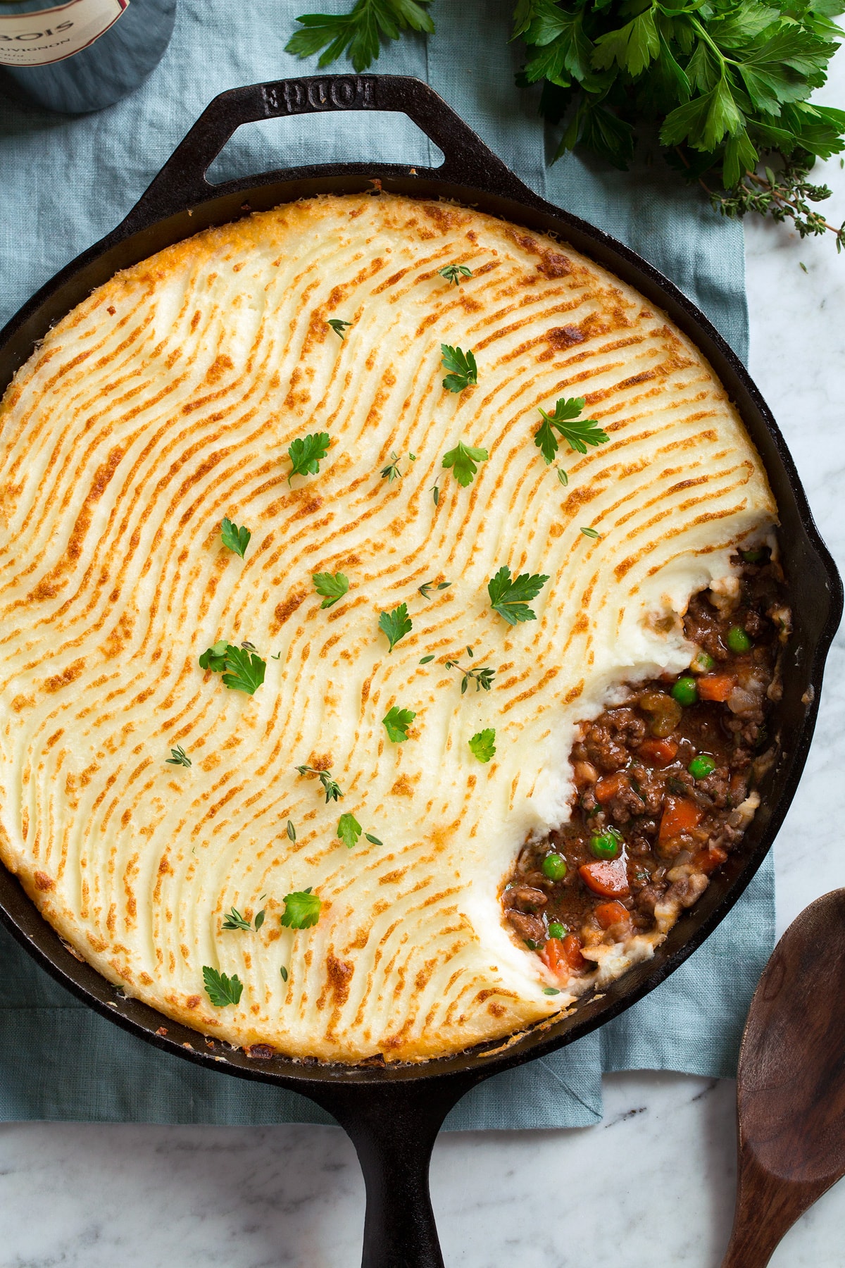 Shepherd's Pie Overhead image of shepherd's pie in a cast iron skillet.