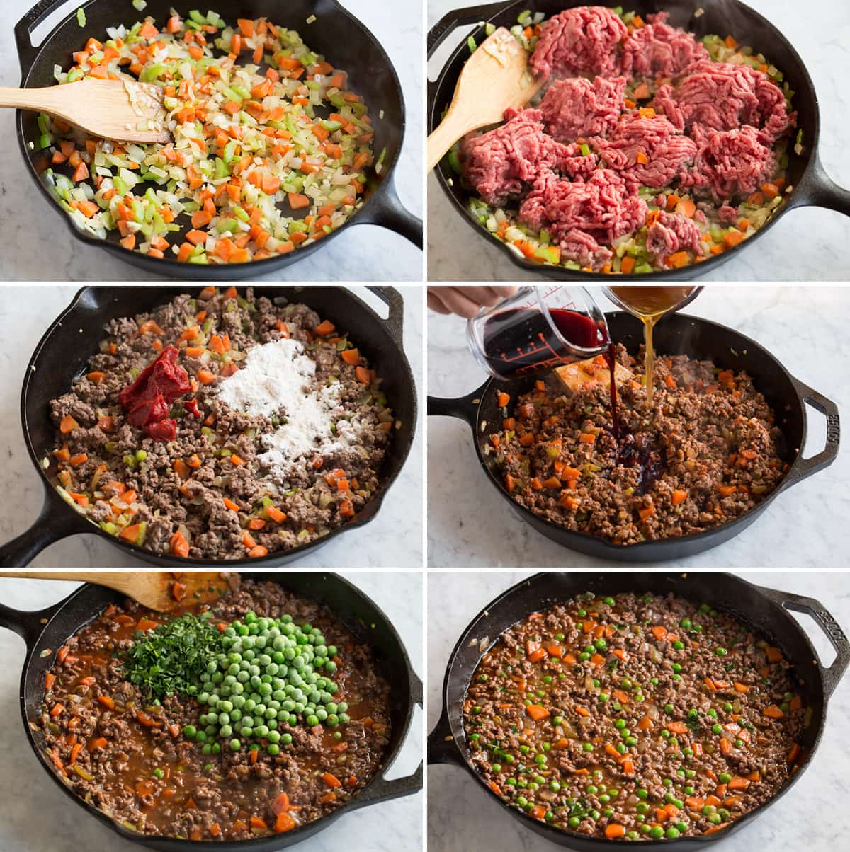 Shepherd's Pie Image showing steps of making ground beef filling for shepherd's pie.
