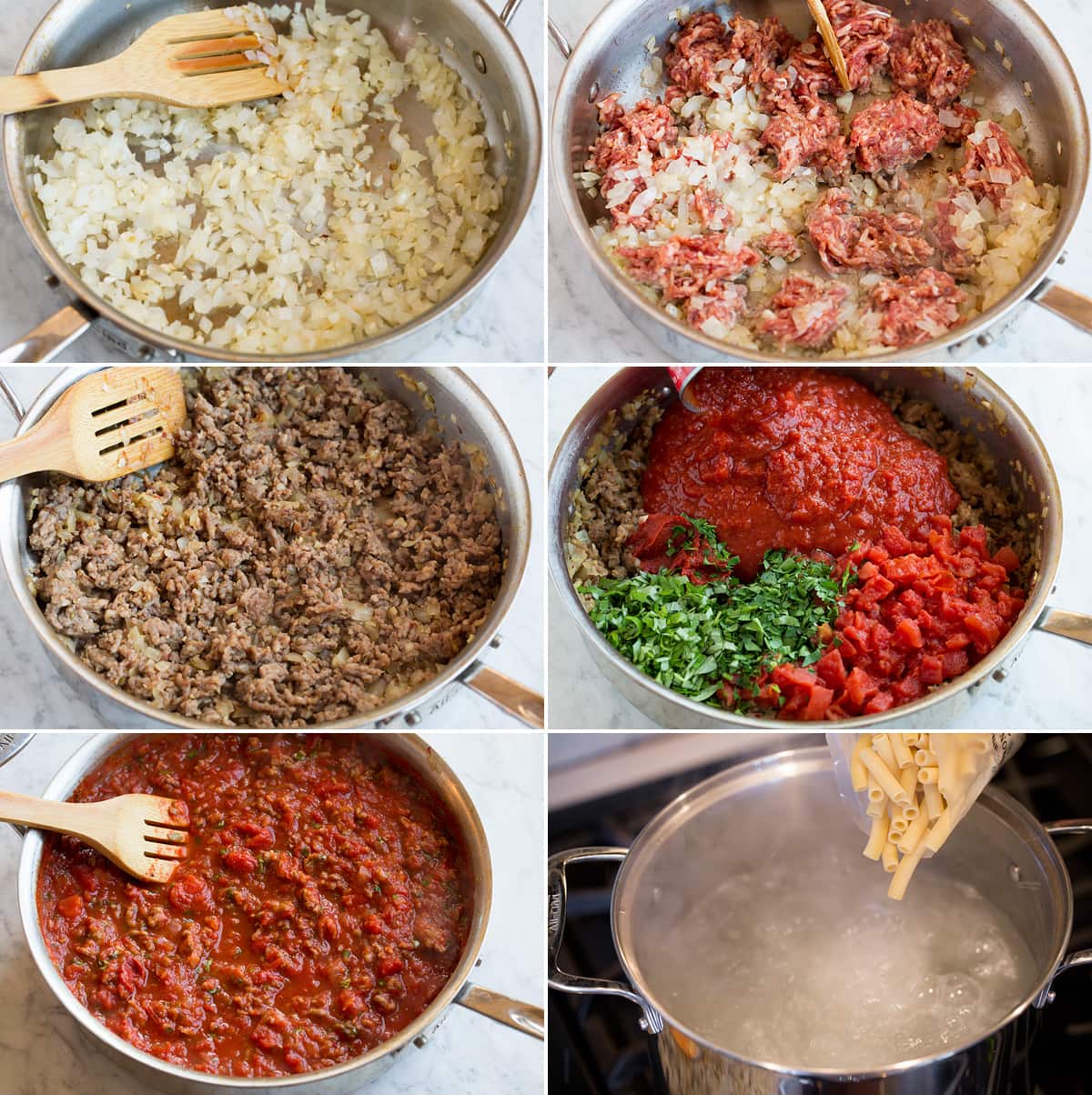 Baked Ziti Image of steps showing how to make sauce for baked ziti.