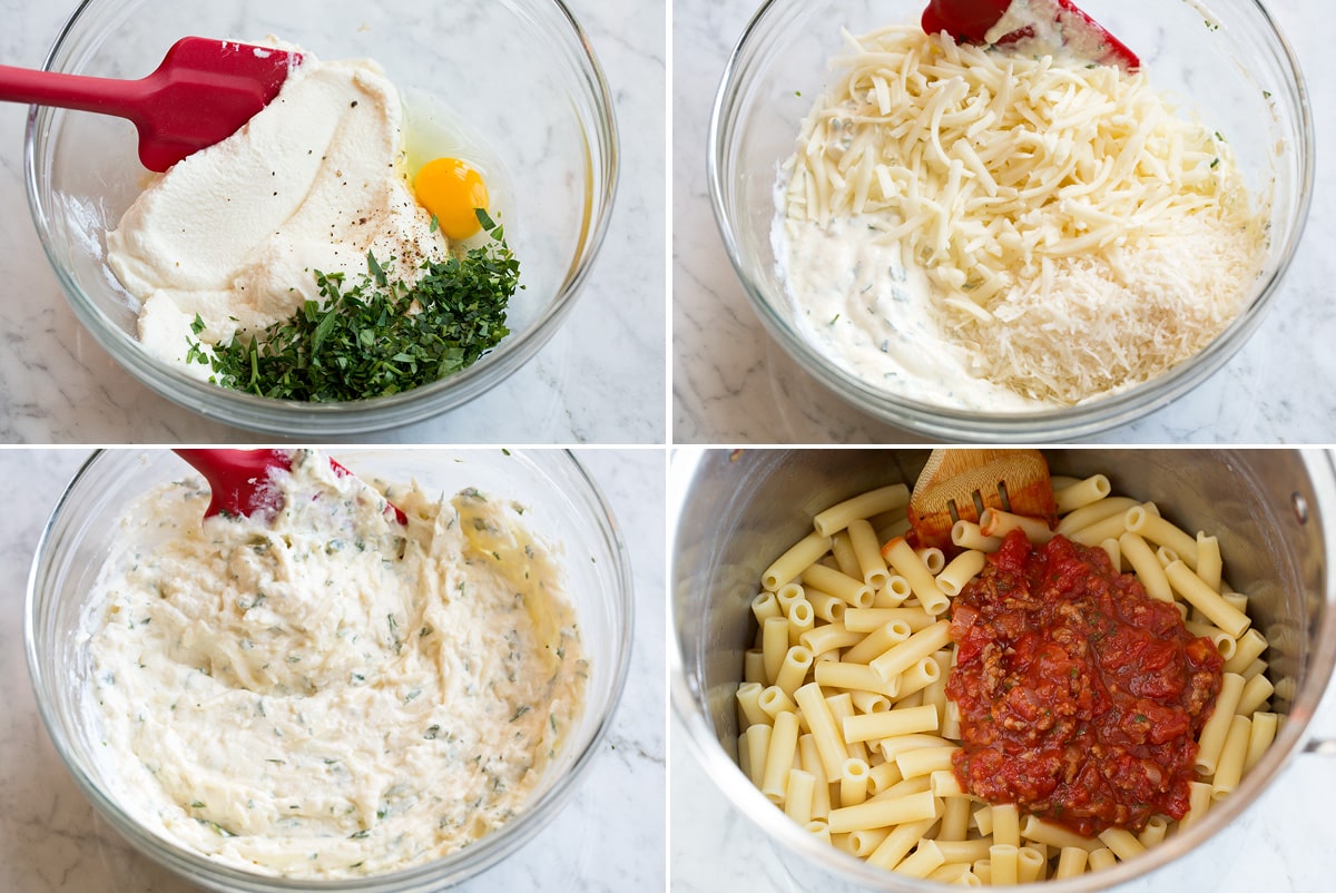 Baked Ziti Steps showing how to make cheese filling for baked ziti and tossing pasta with sauce in pan.