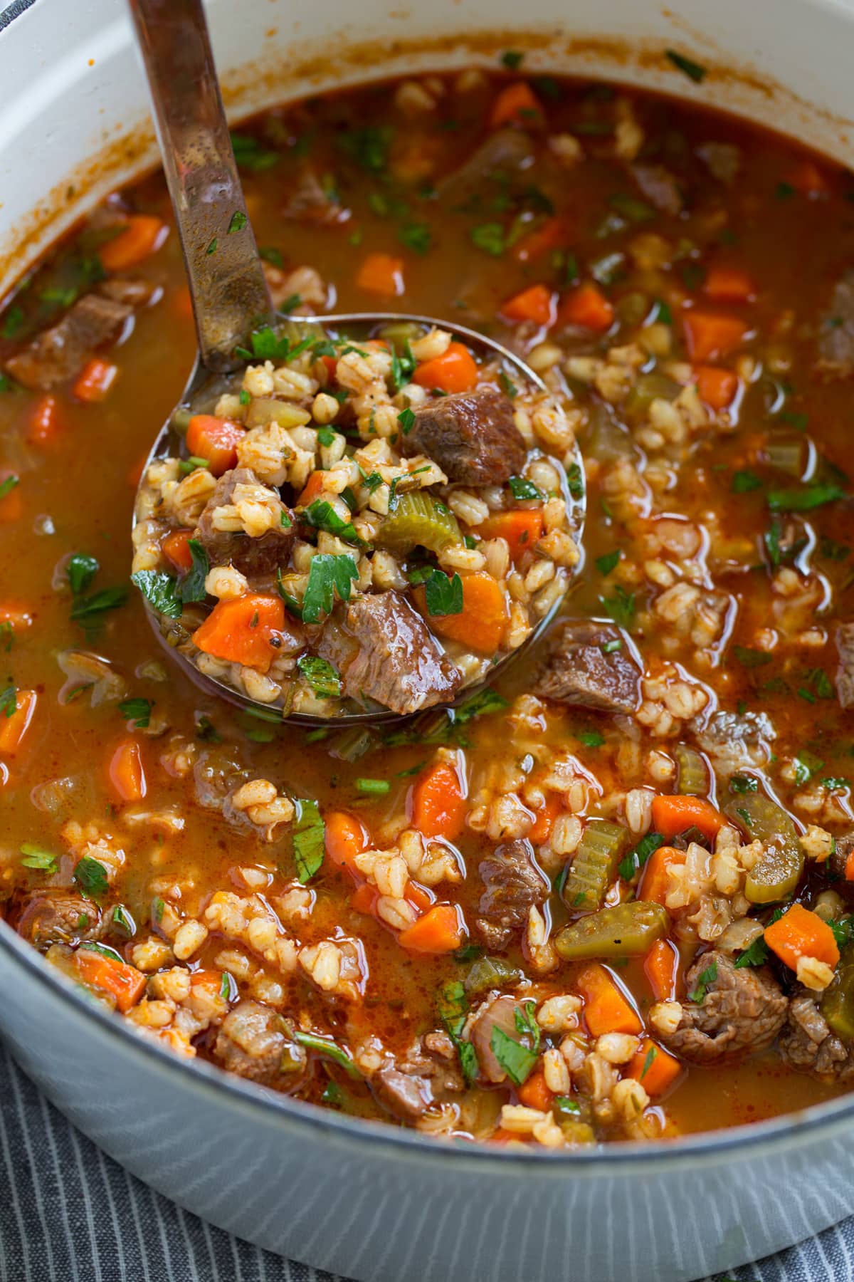 Beef and Barley Soup Ladle full of beef and barley soup shown close up.