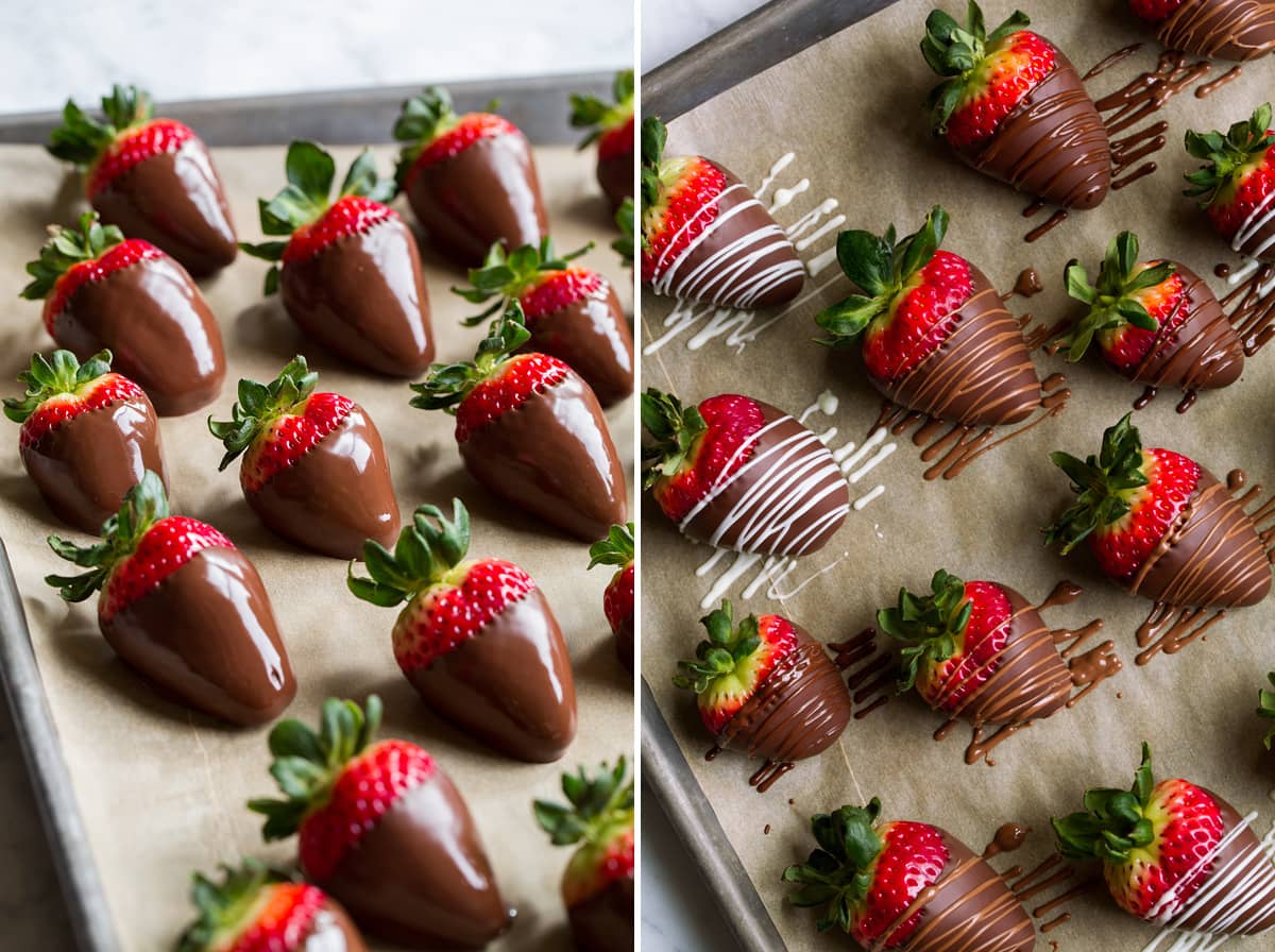 Chocolate Covered Strawberries Chocolate covered strawberries shown with after dipping in melted chocolate on the left then shown on the right after drizzling with melted chocolate.