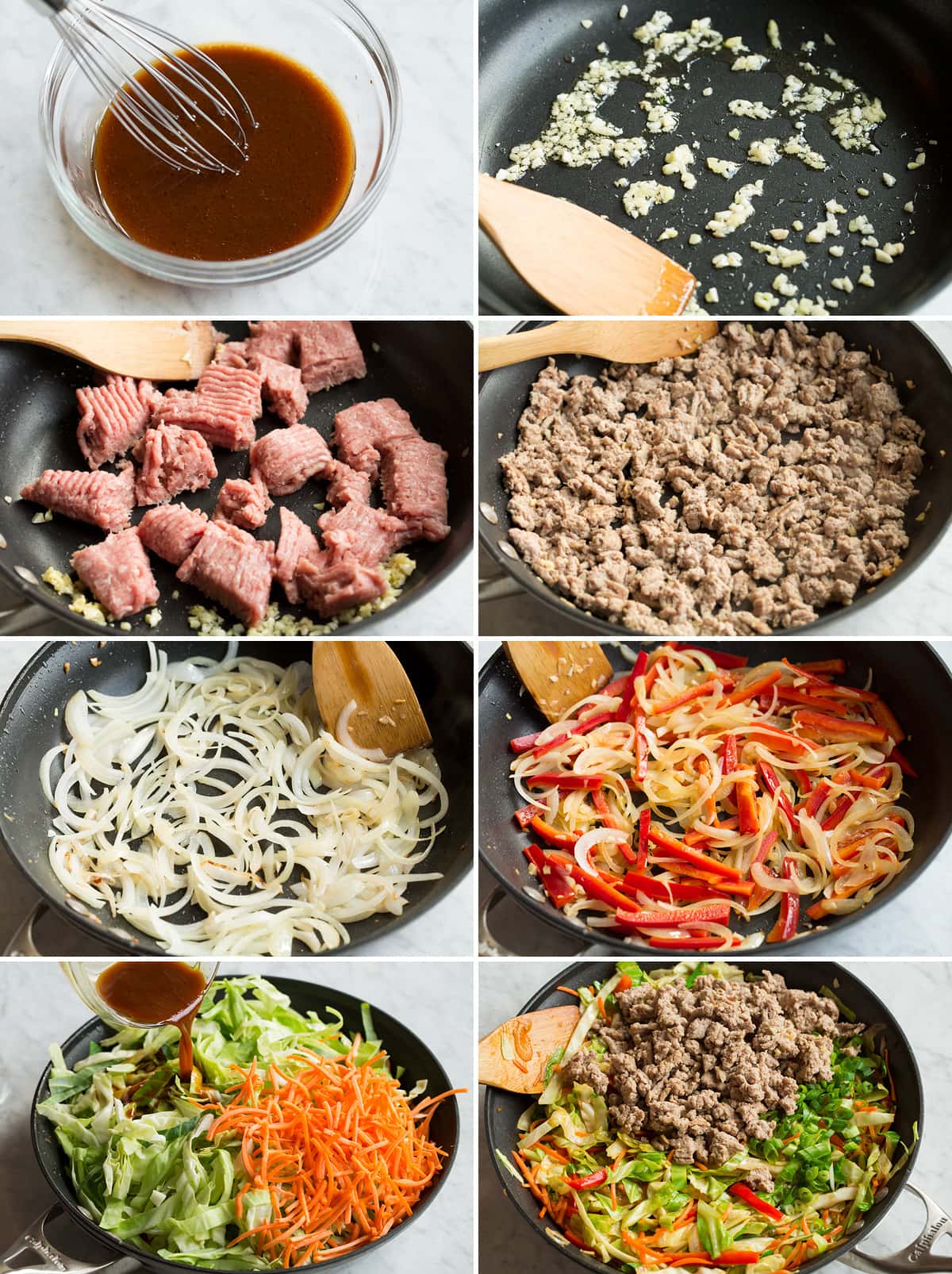 Egg Roll in a Bowl 8 steps showing how to make egg roll in a bowl sauce and mixture in a skillet.