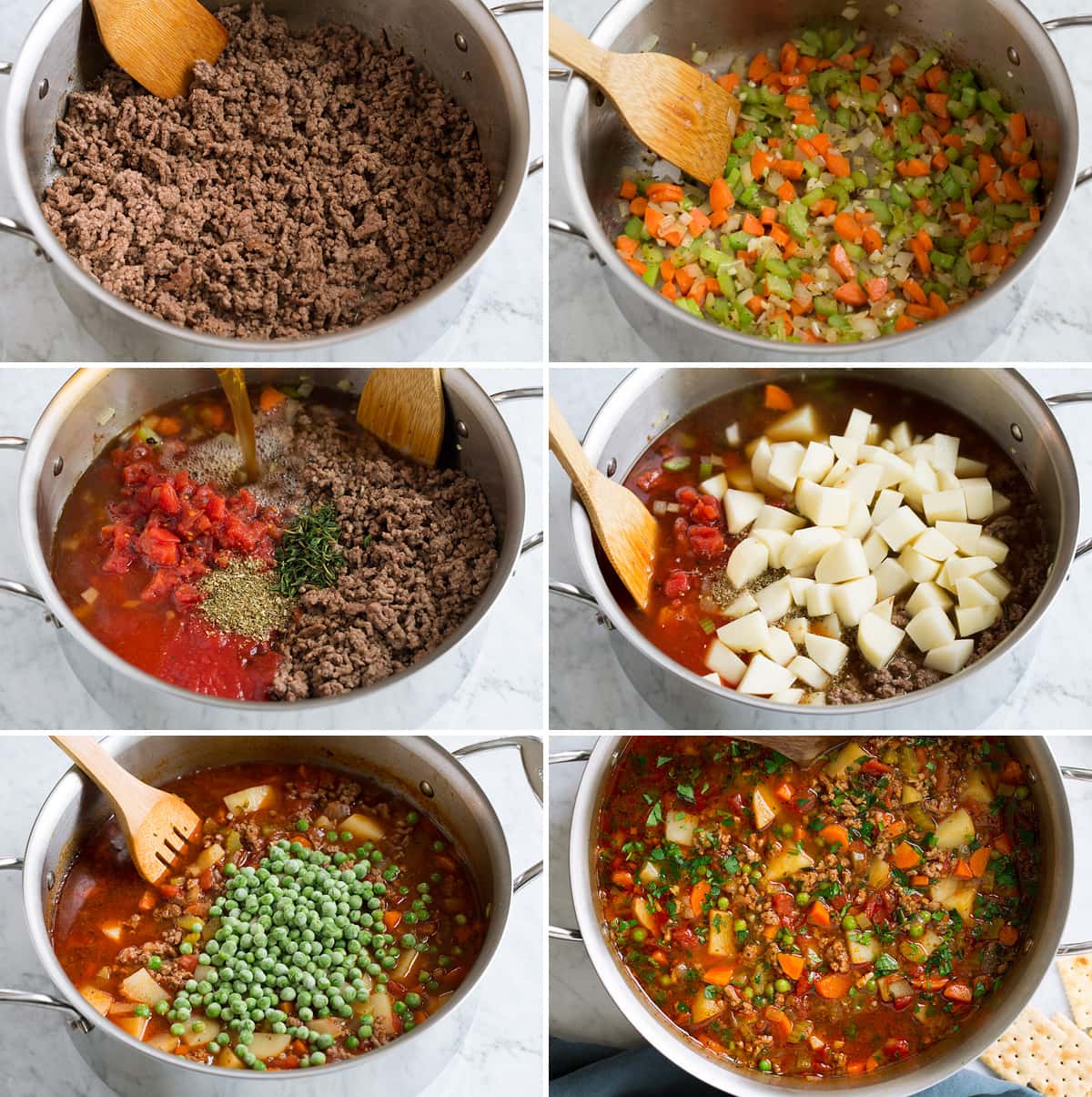 Hamburger Soup Steps showing how to make hamburger soup.