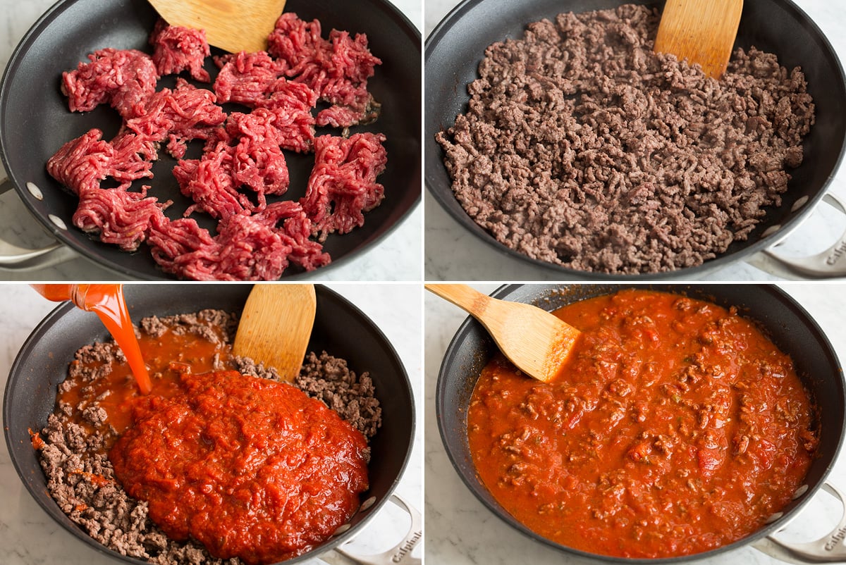 Easy Lasagna Recipe Steps showing how to make the beefy lasagna sauce in a skillet.
