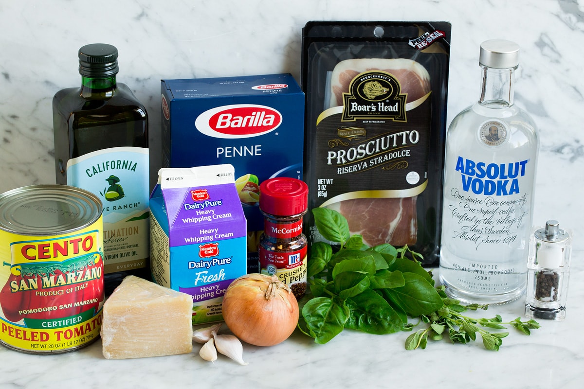 Penne alla Vodka Ingredients shown that go into penne with vodka sauce.