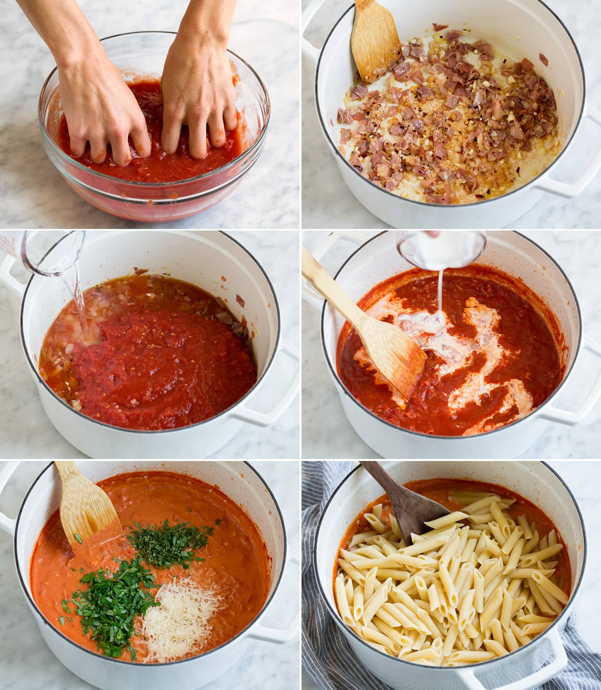 Penne alla Vodka Steps showing how to make vodka sauce and tossing with penne pasta at the end.