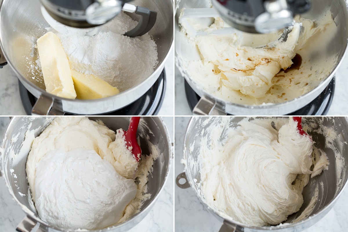 Whoopie Pies Steps 1 - 4 making whoopie pie marshmallow cream filling in mixer bowl.