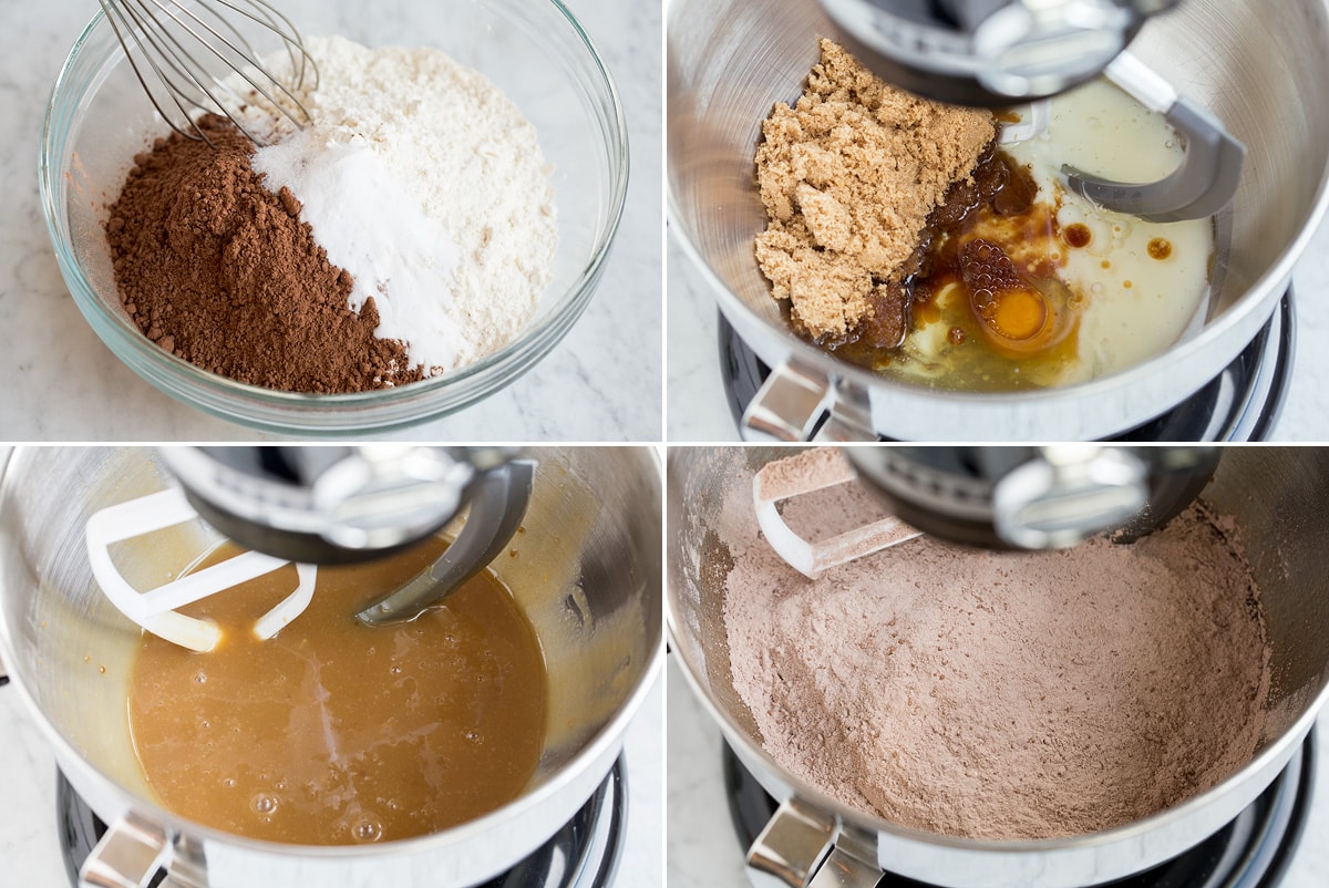 Whoopie Pies Image of steps 1 - 4 of mixing whoopie pie batter in mixing bowl.