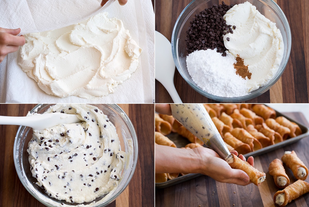 Cannoli Filling Recipe Steps to making cannoli filling in a mixing bowl and piping into cannoli shells.