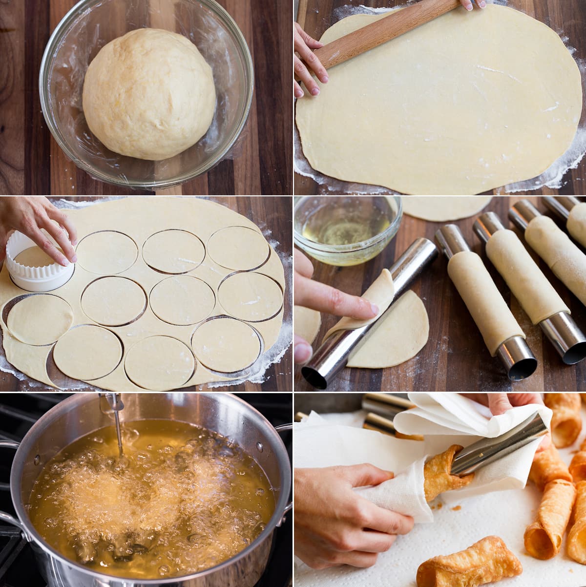 Cannoli Shells Steps to rolling cannoli shell dough, cutting into rounds, wrapping around forms, frying and removing from forms.