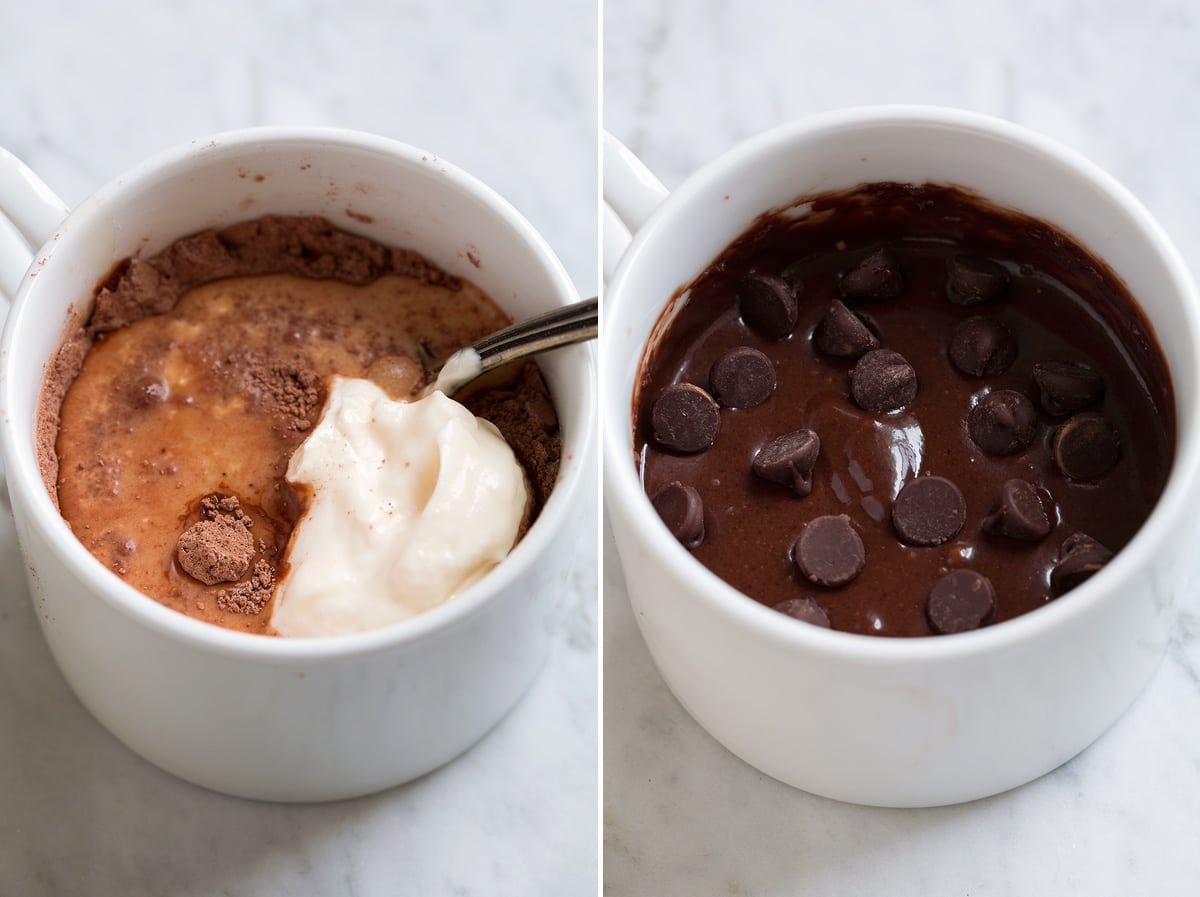 Chocolate Mug Cake Showing second step of making mug cake, stirring wet ingredients into mug cake.