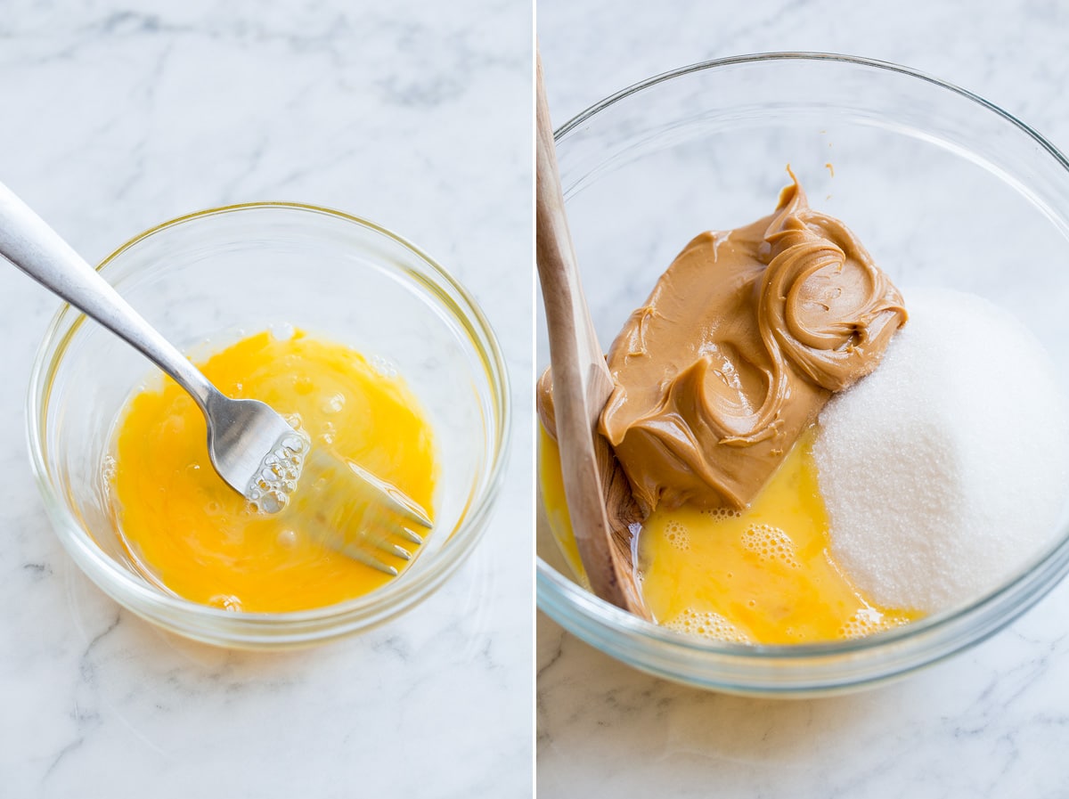3-Ingredient Peanut Butter Cookies Image showing steps 1 and 2 of making 3-ingredient peanut butter cookies including whisking egg and adding peanut butter, sugar and egg to a glass bowl.