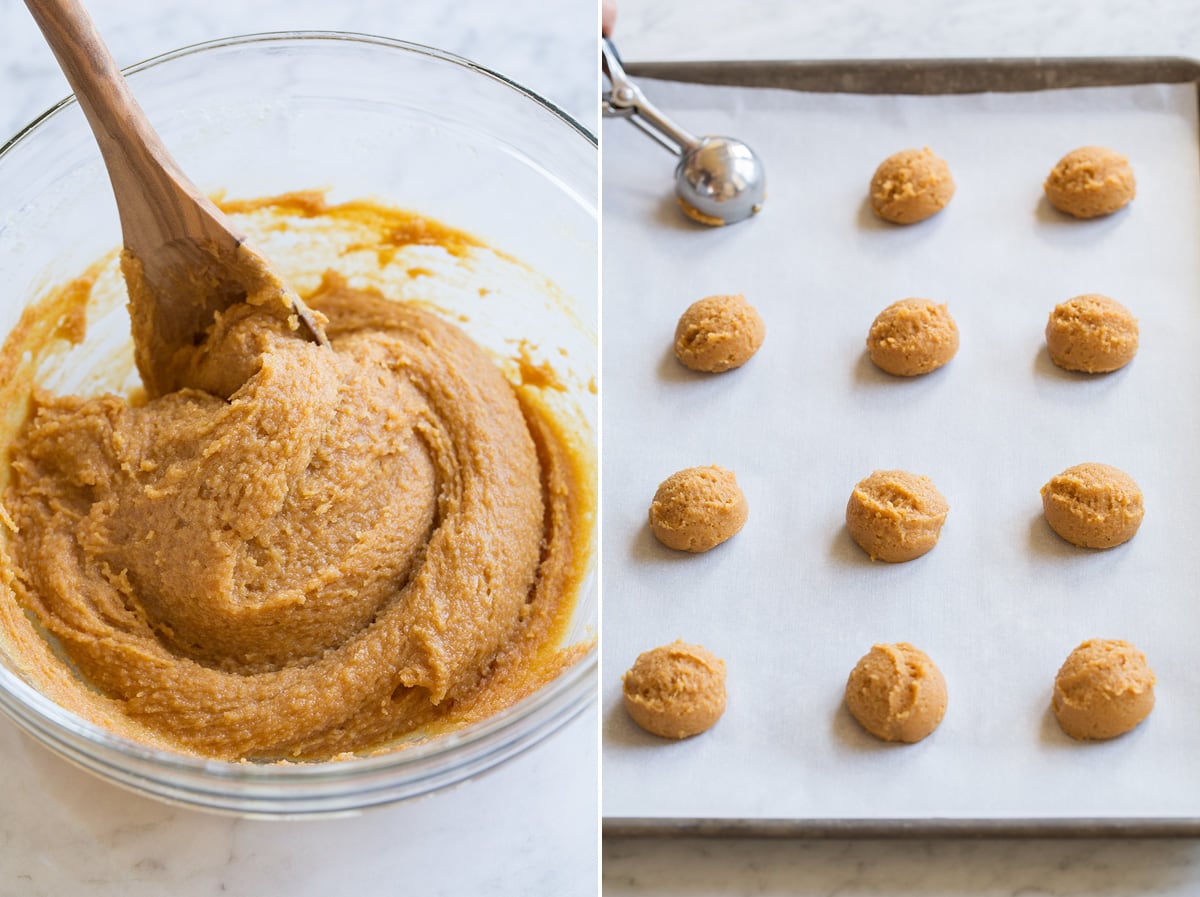 3-Ingredient Peanut Butter Cookies Image showing steps 3 and 4 to make 3 ingredient peanut butter cookies including finished mixed dough in glass bowl and scooping dough into rounds on baking sheet.