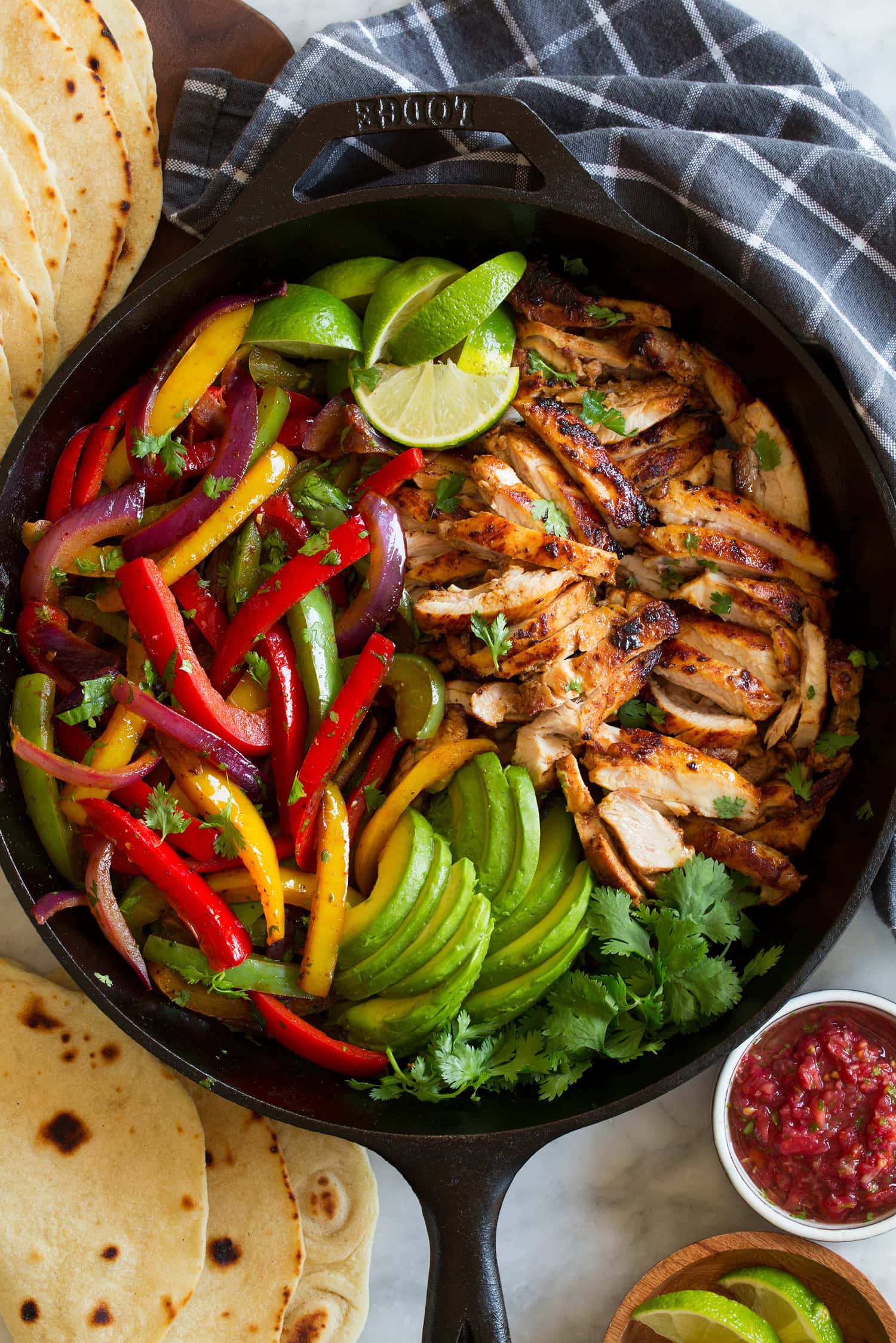 Chicken Fajitas Overhead photo of skillet chicken fajitas.