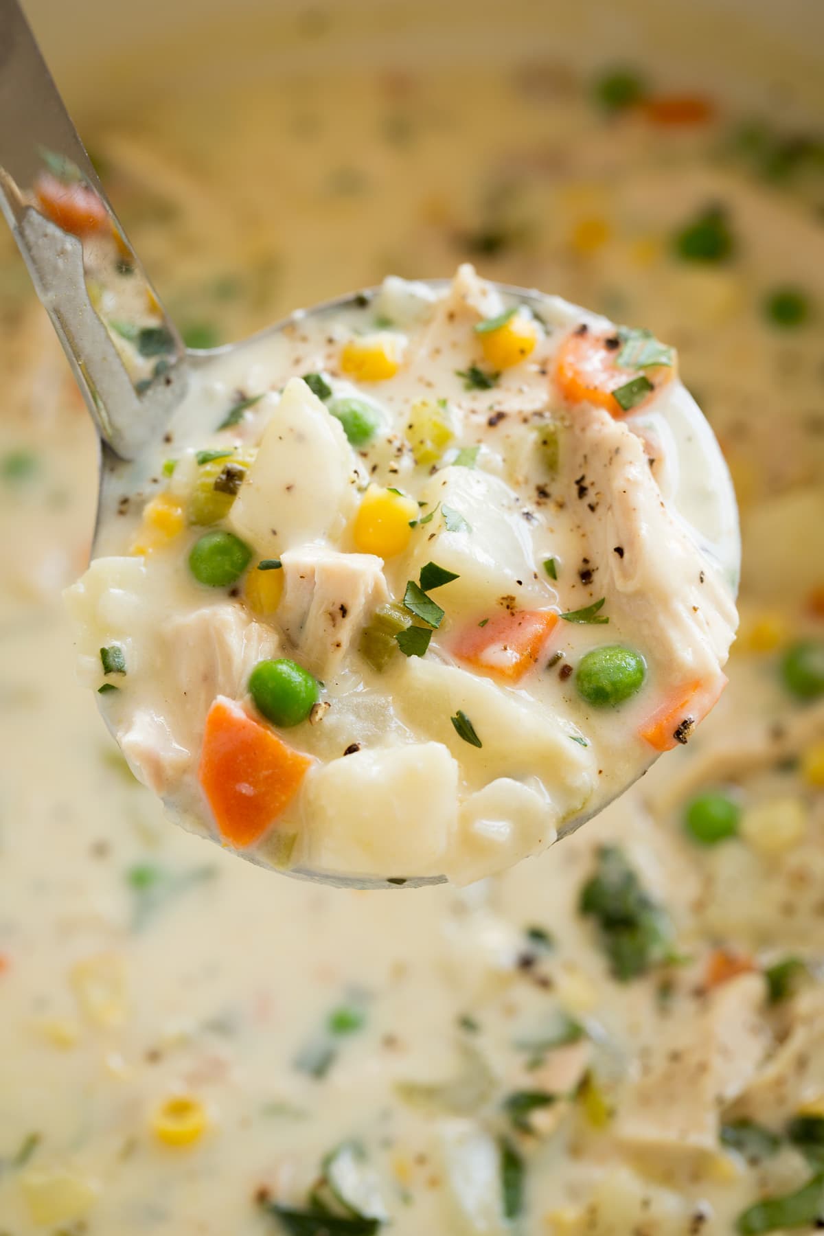 Chicken Pot Pie Soup Close up image of ladle full of chicken pot pie soup.