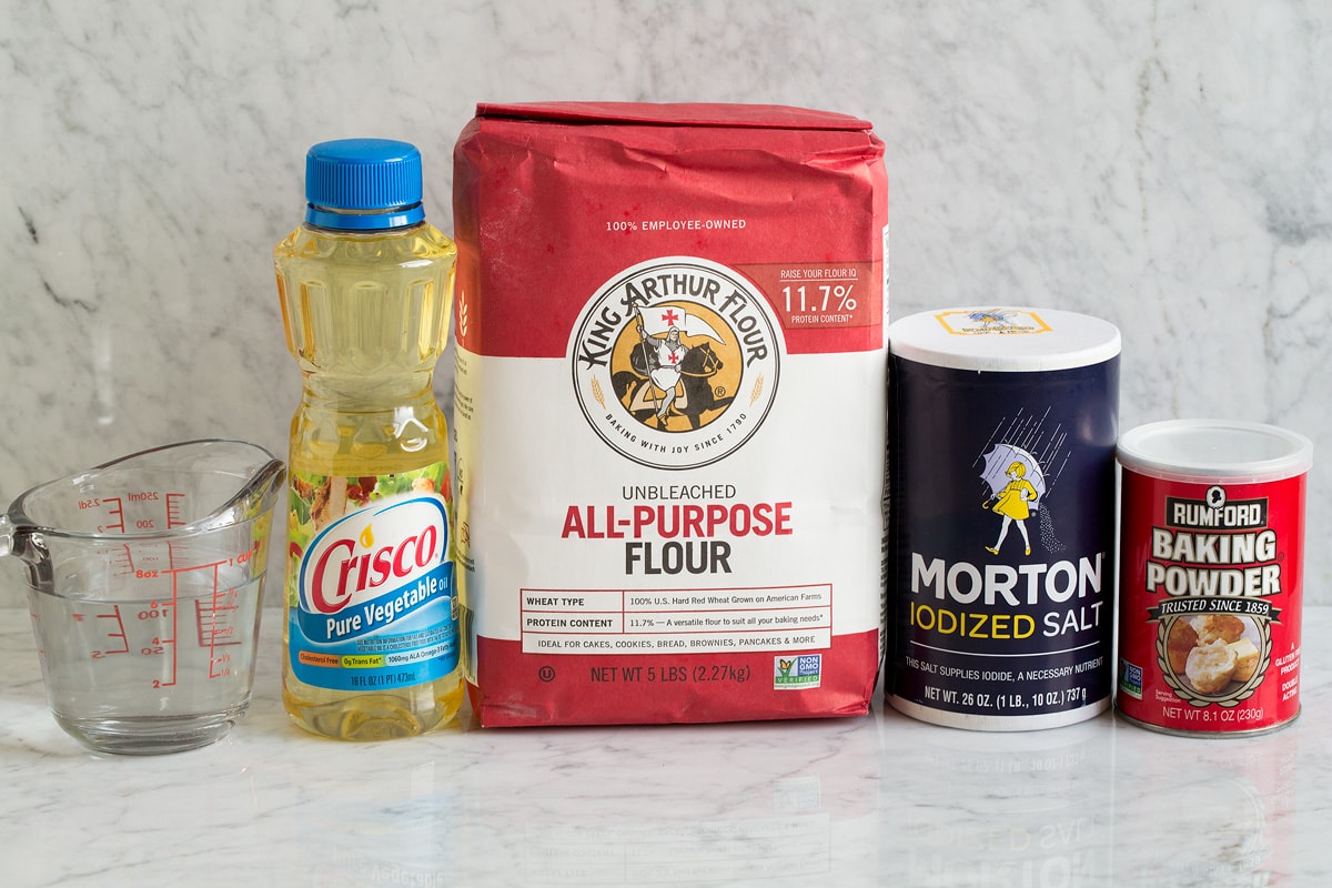 Homemade Flour Tortillas 5 Ingredients needed to make flour tortillas from scratch shown here.