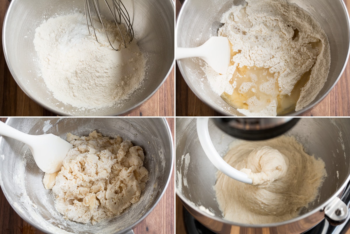 Homemade Flour Tortillas Image showing steps how to make flour tortilla dough in a stand mixer.