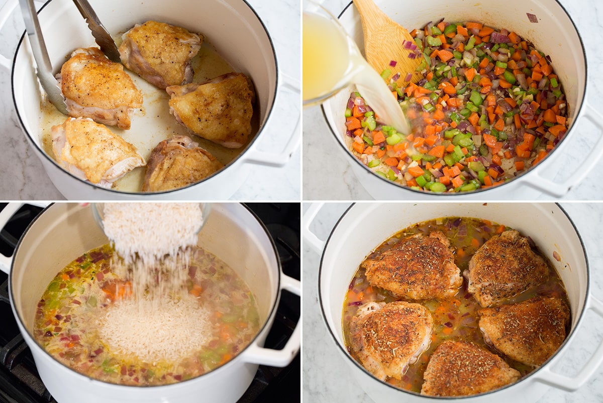 One Pot Chicken and Rice Collage image of four steps showing how to make Chicken and Rice in a pot.